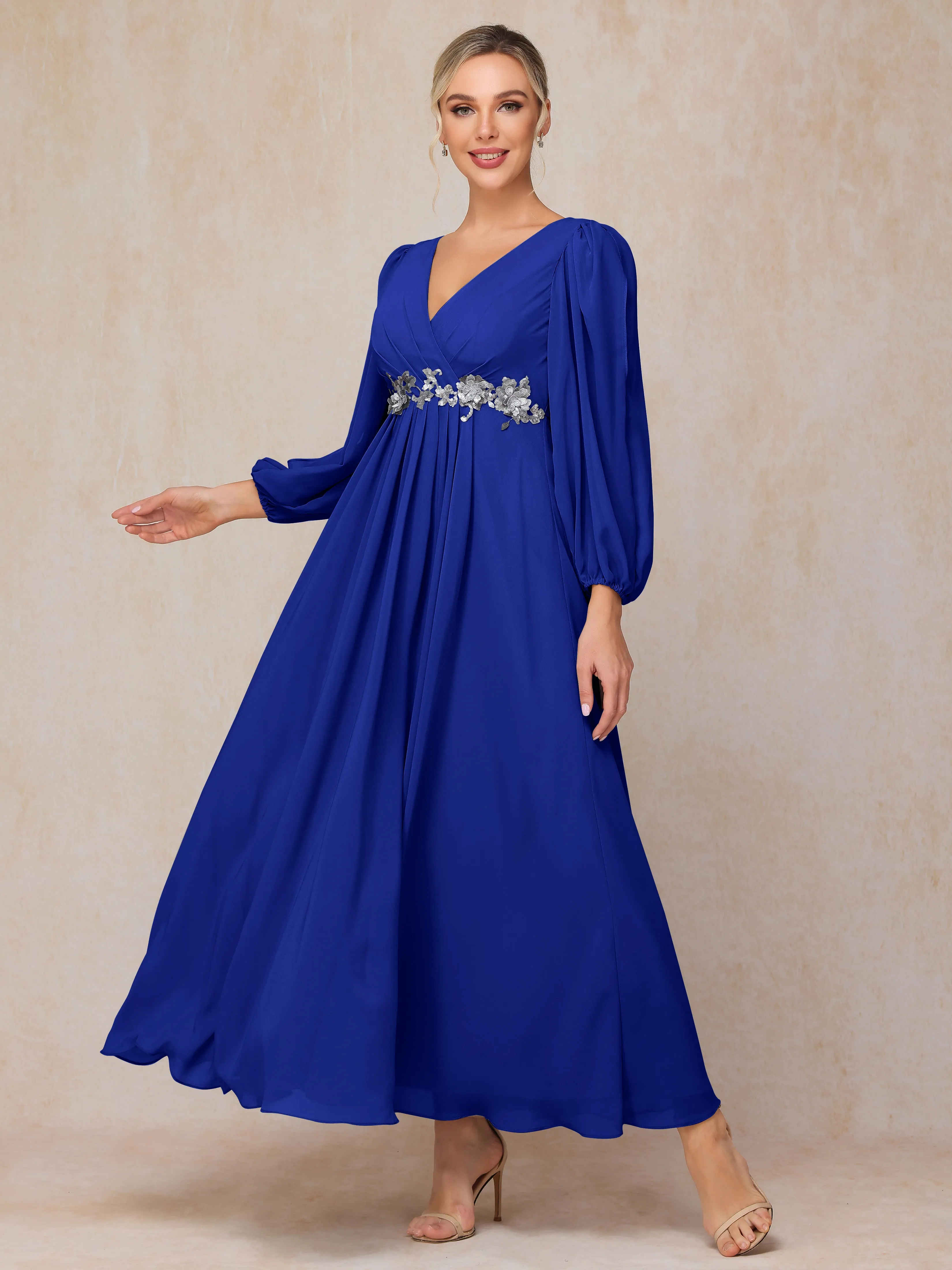 A-Line V-Neck Long Chiffon Mother of the Bride Dresses