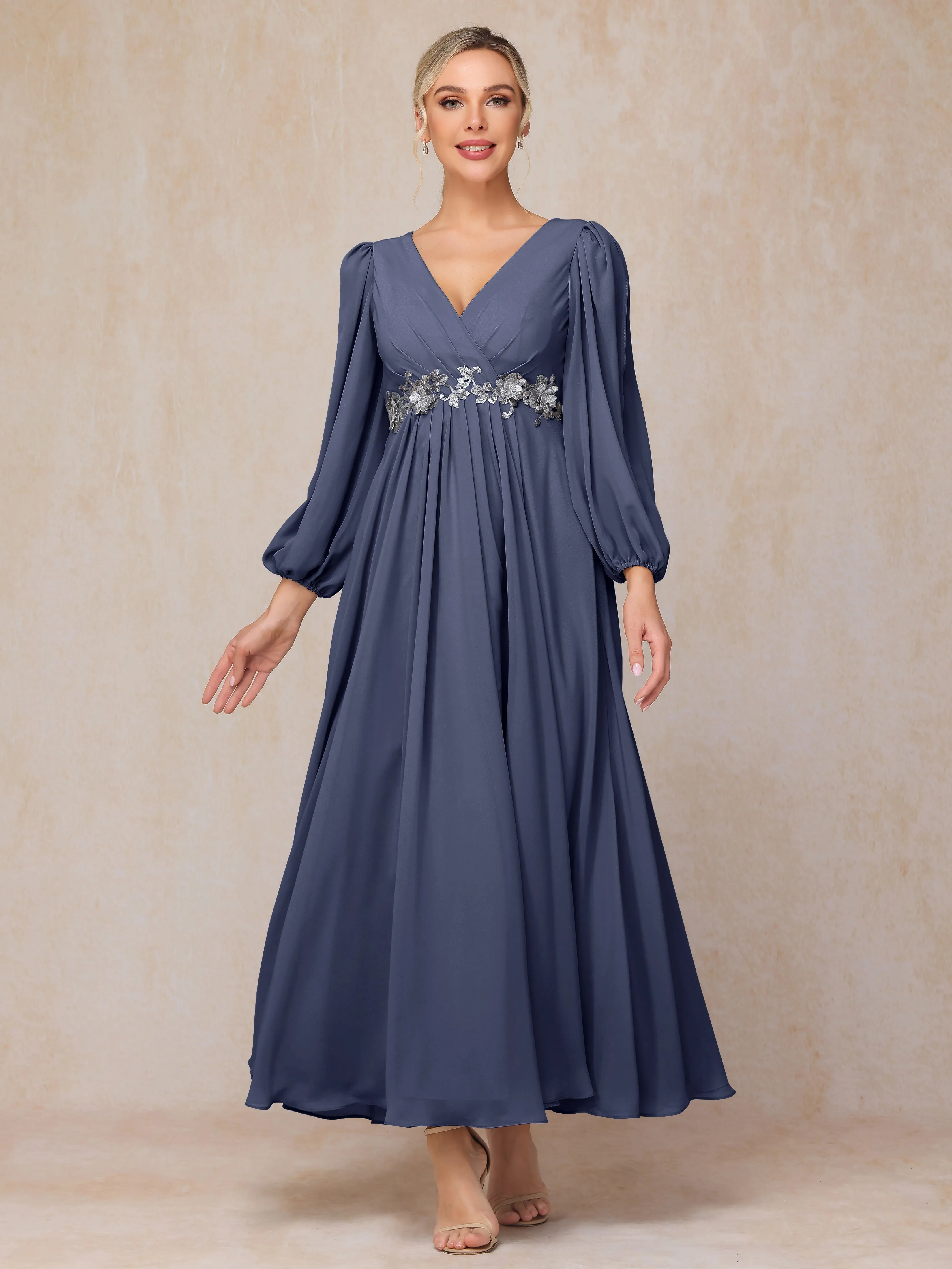 A-Line V-Neck Long Chiffon Mother of the Bride Dresses