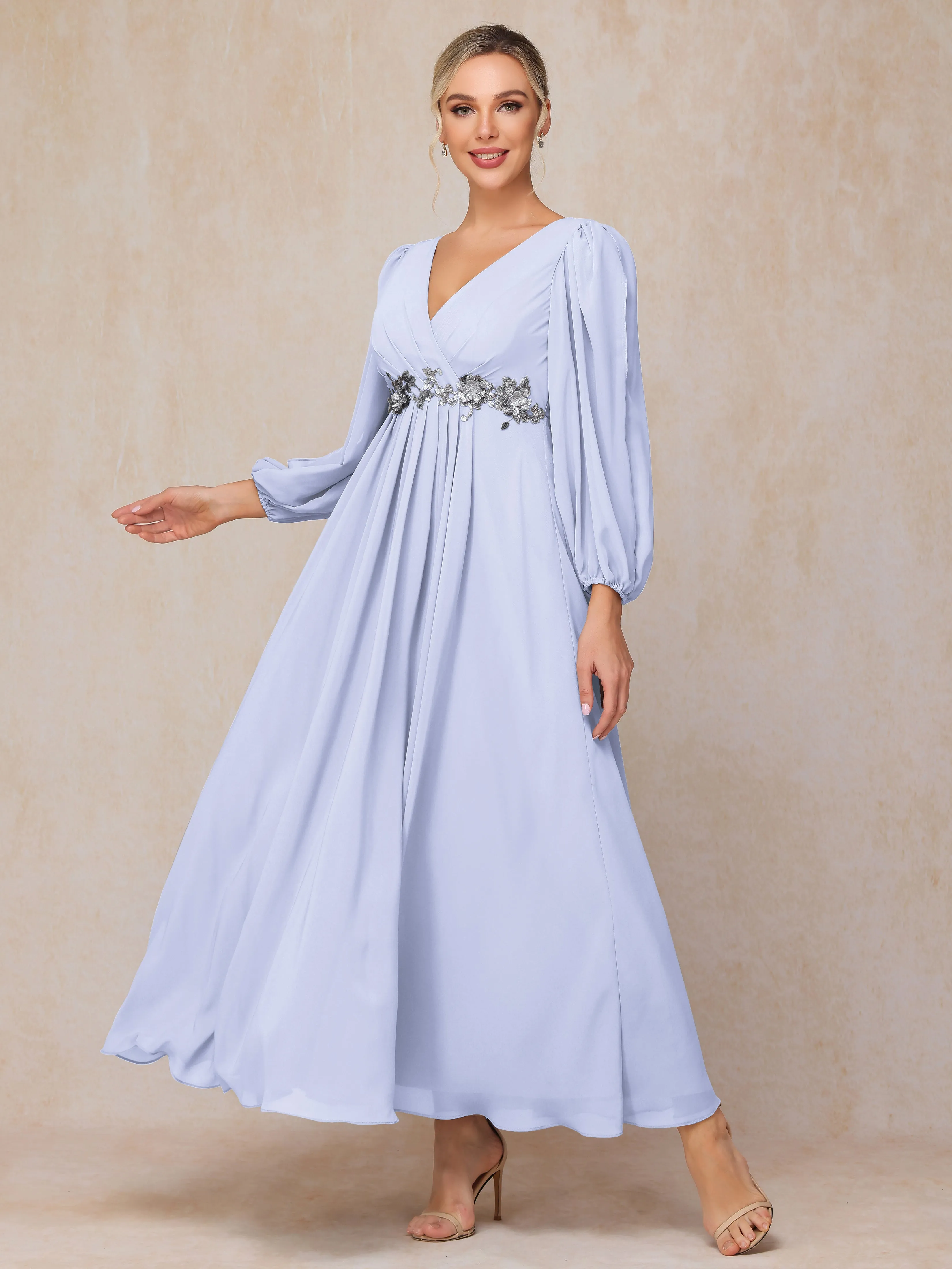 A-Line V-Neck Long Chiffon Mother of the Bride Dresses