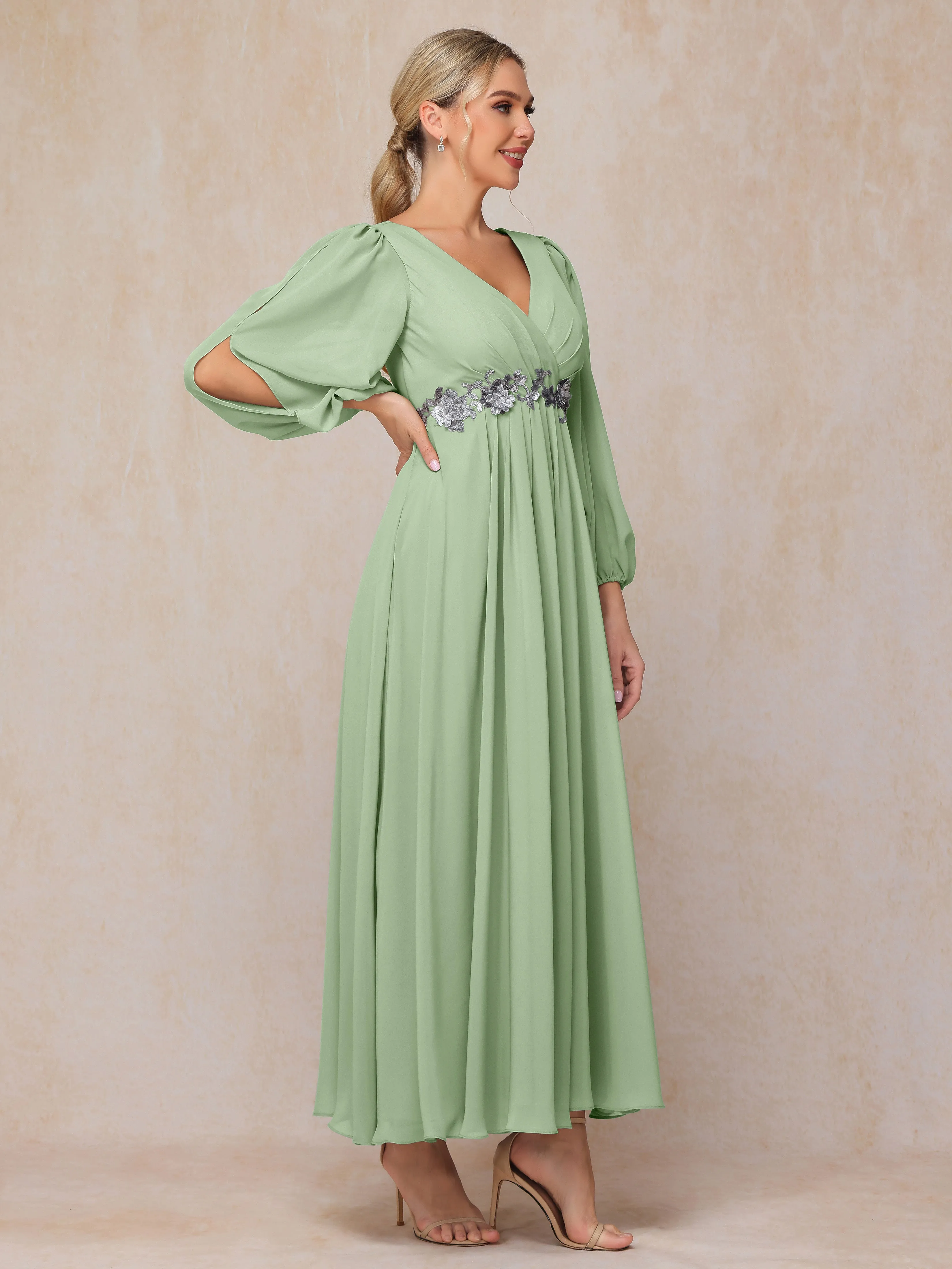 A-Line V-Neck Long Chiffon Mother of the Bride Dresses