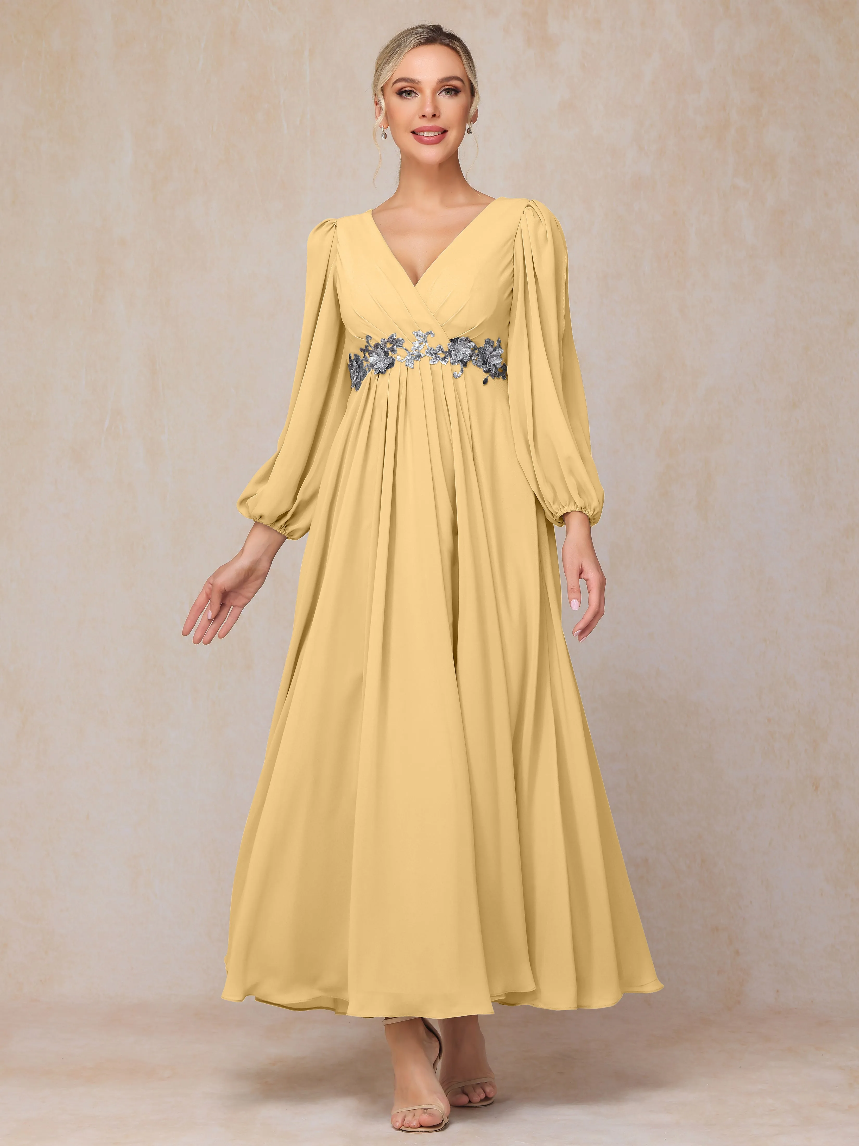 A-Line V-Neck Long Chiffon Mother of the Bride Dresses