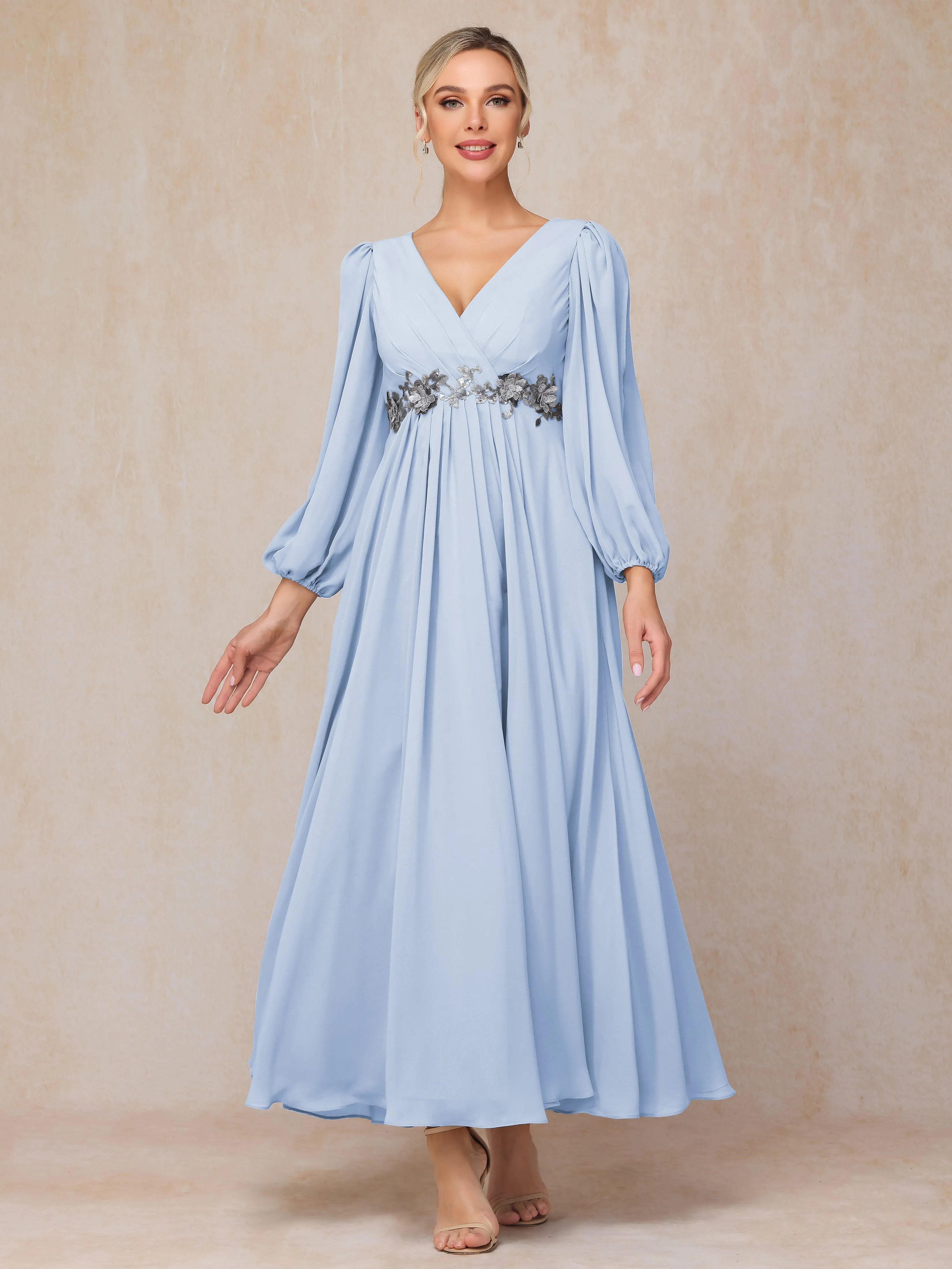 A-Line V-Neck Long Chiffon Mother of the Bride Dresses