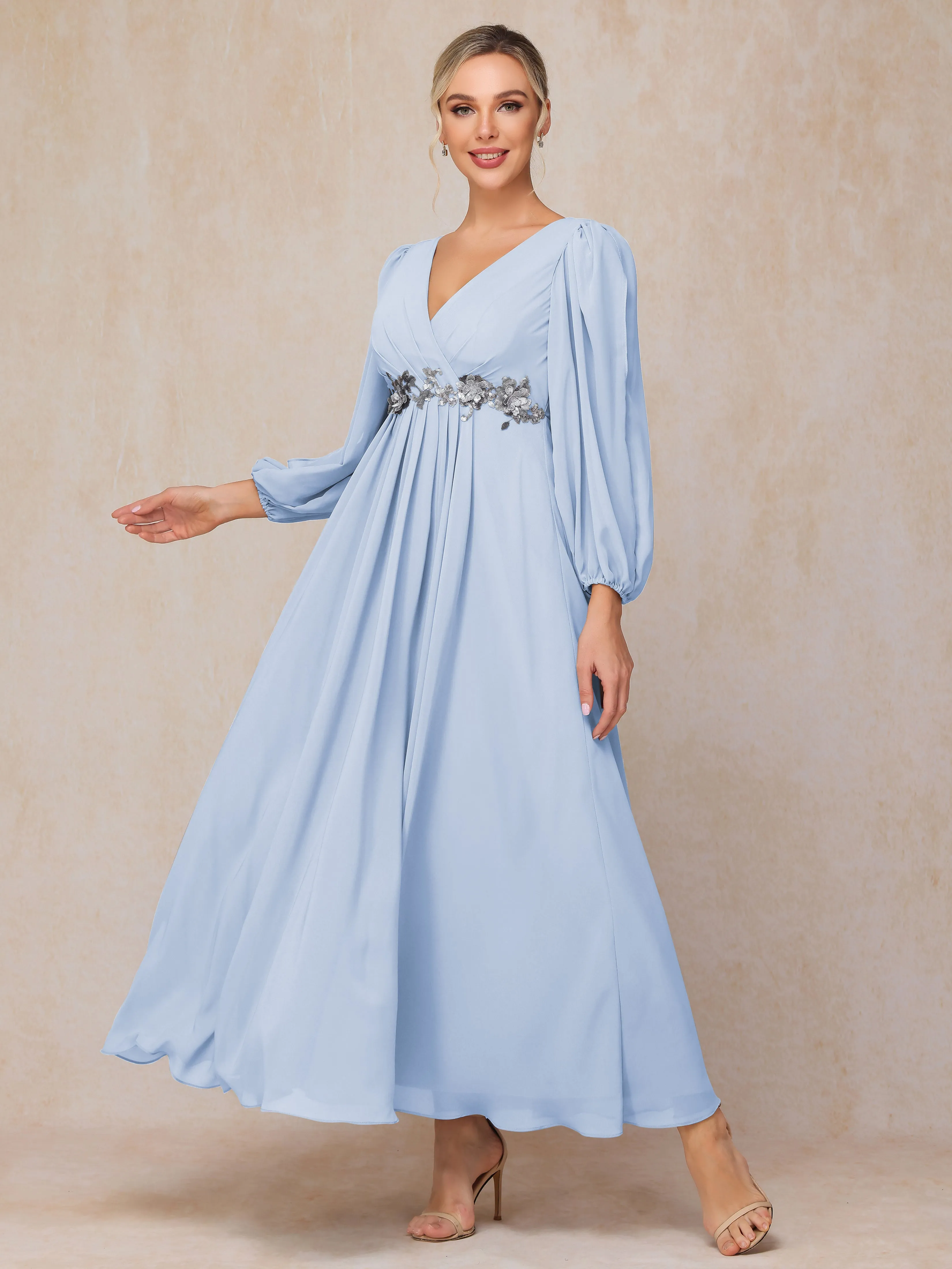 A-Line V-Neck Long Chiffon Mother of the Bride Dresses