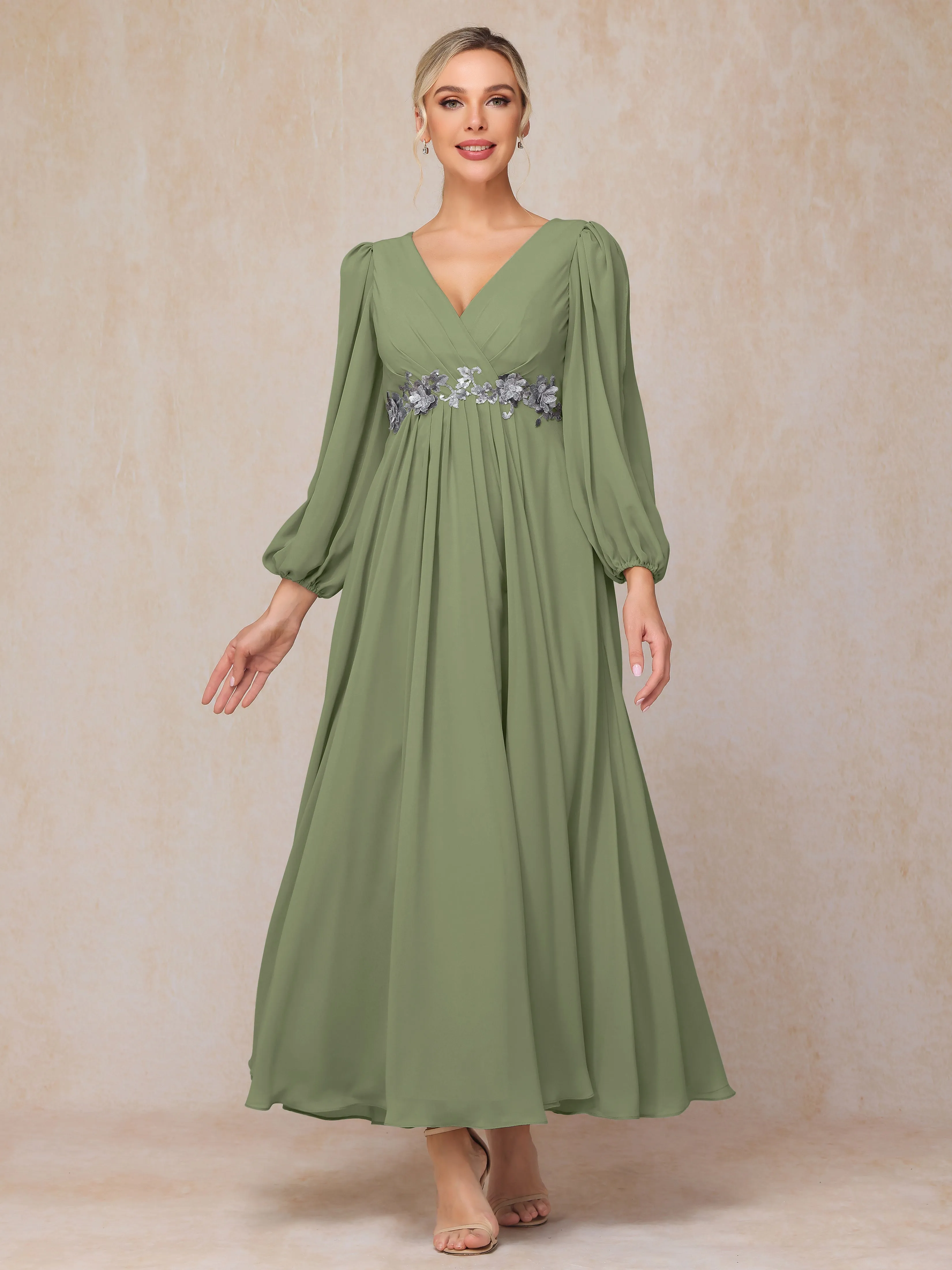 A-Line V-Neck Long Chiffon Mother of the Bride Dresses