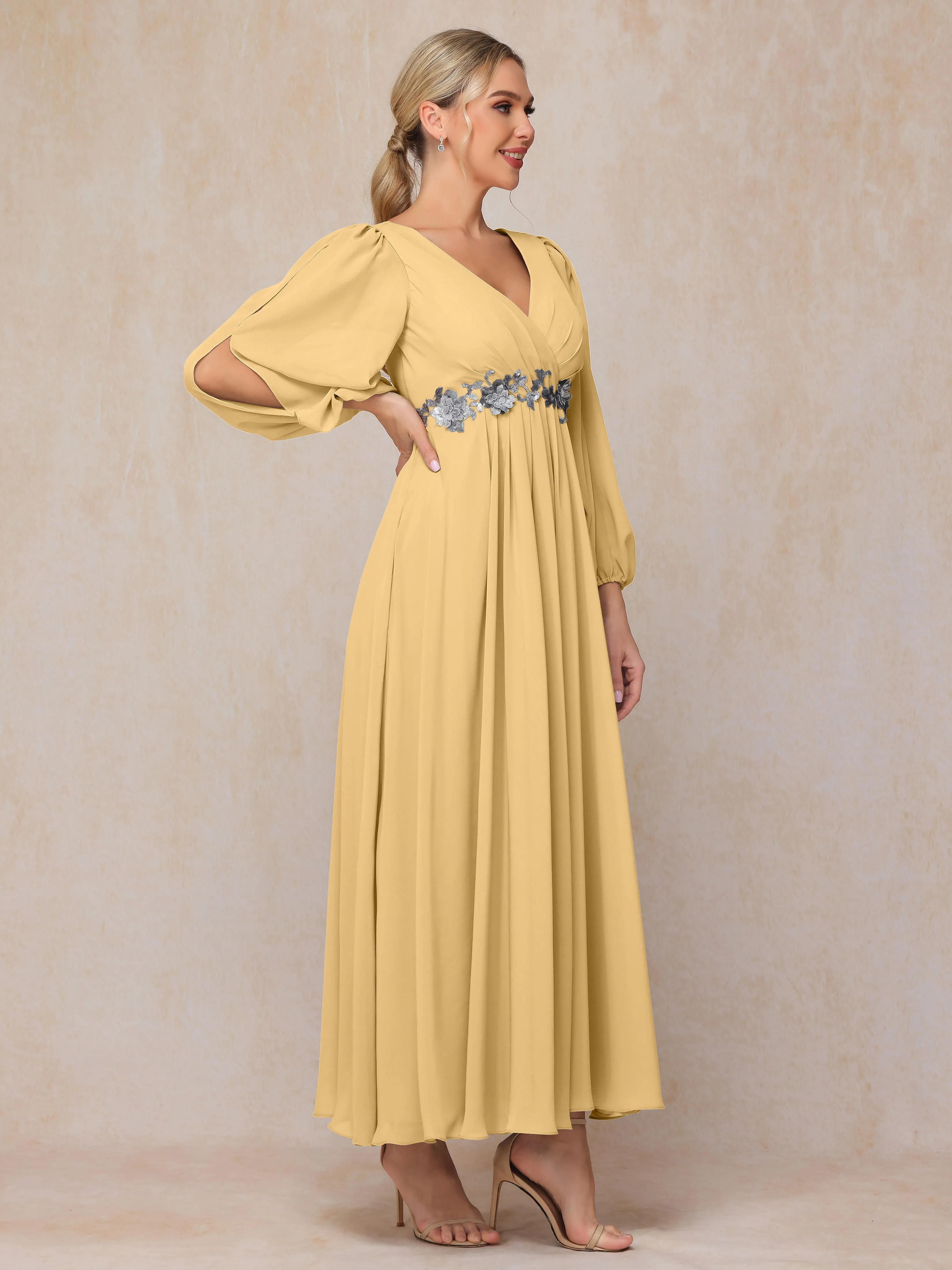 A-Line V-Neck Long Chiffon Mother of the Bride Dresses