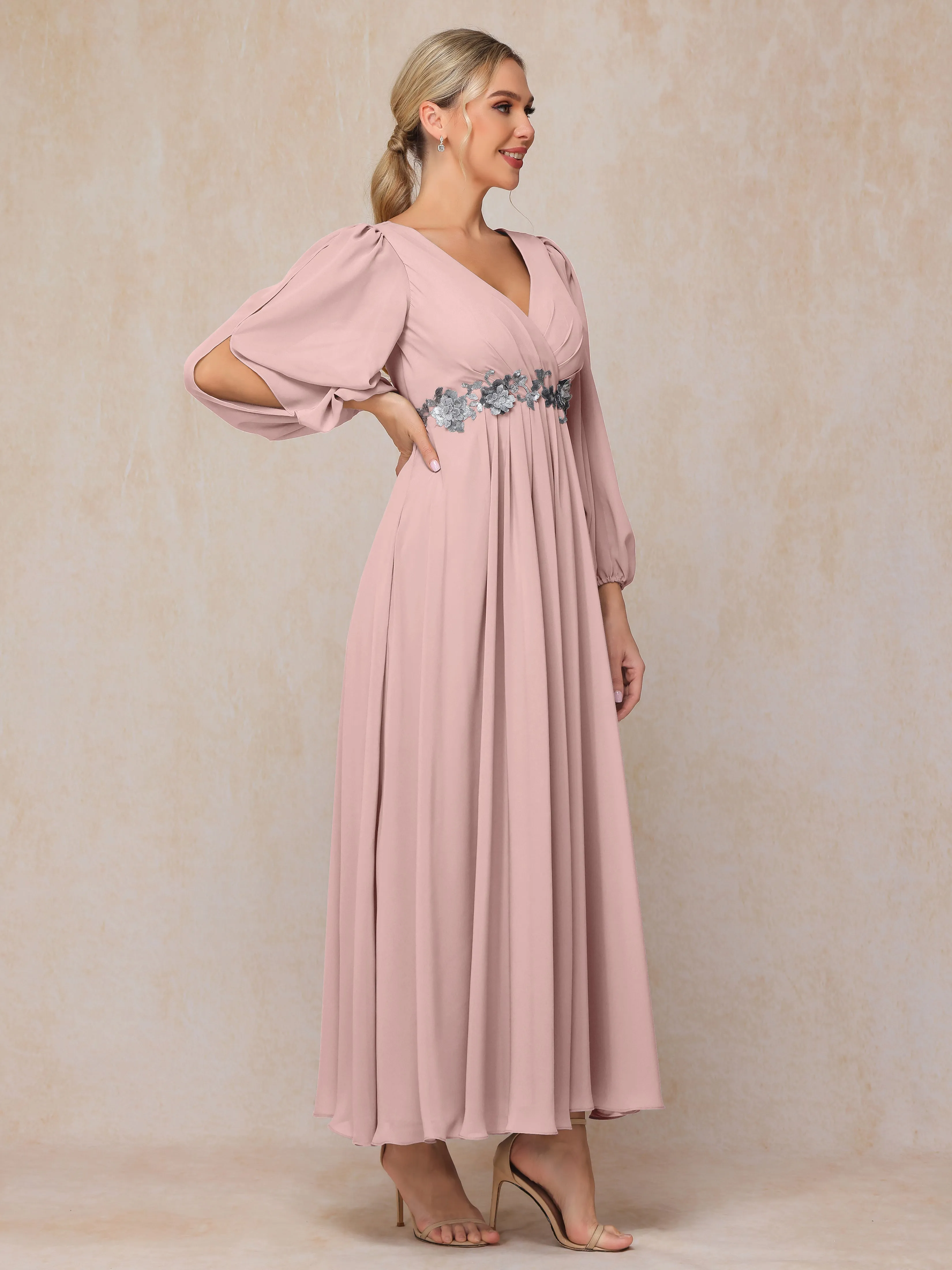 A-Line V-Neck Long Chiffon Mother of the Bride Dresses