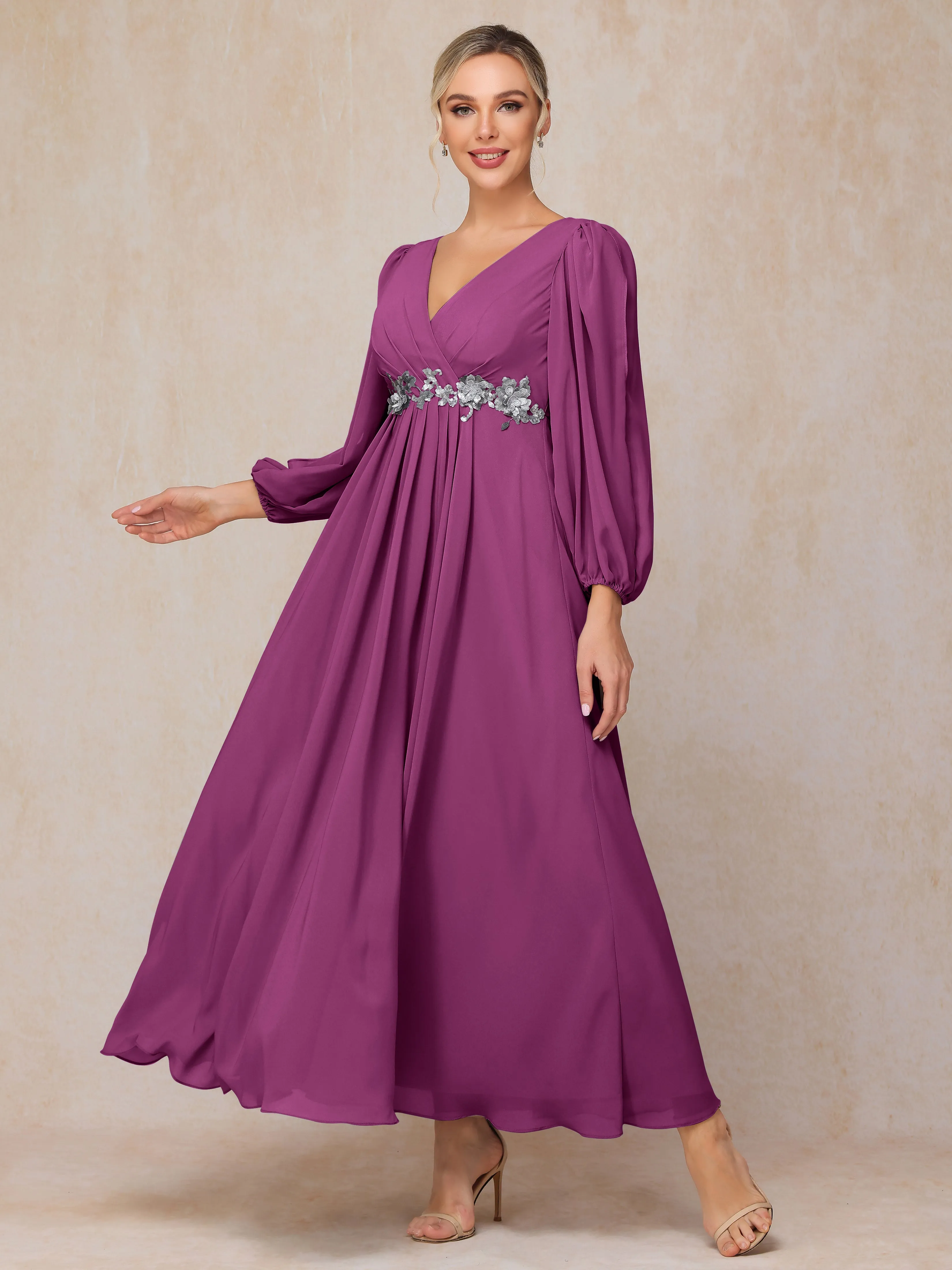 A-Line V-Neck Long Chiffon Mother of the Bride Dresses