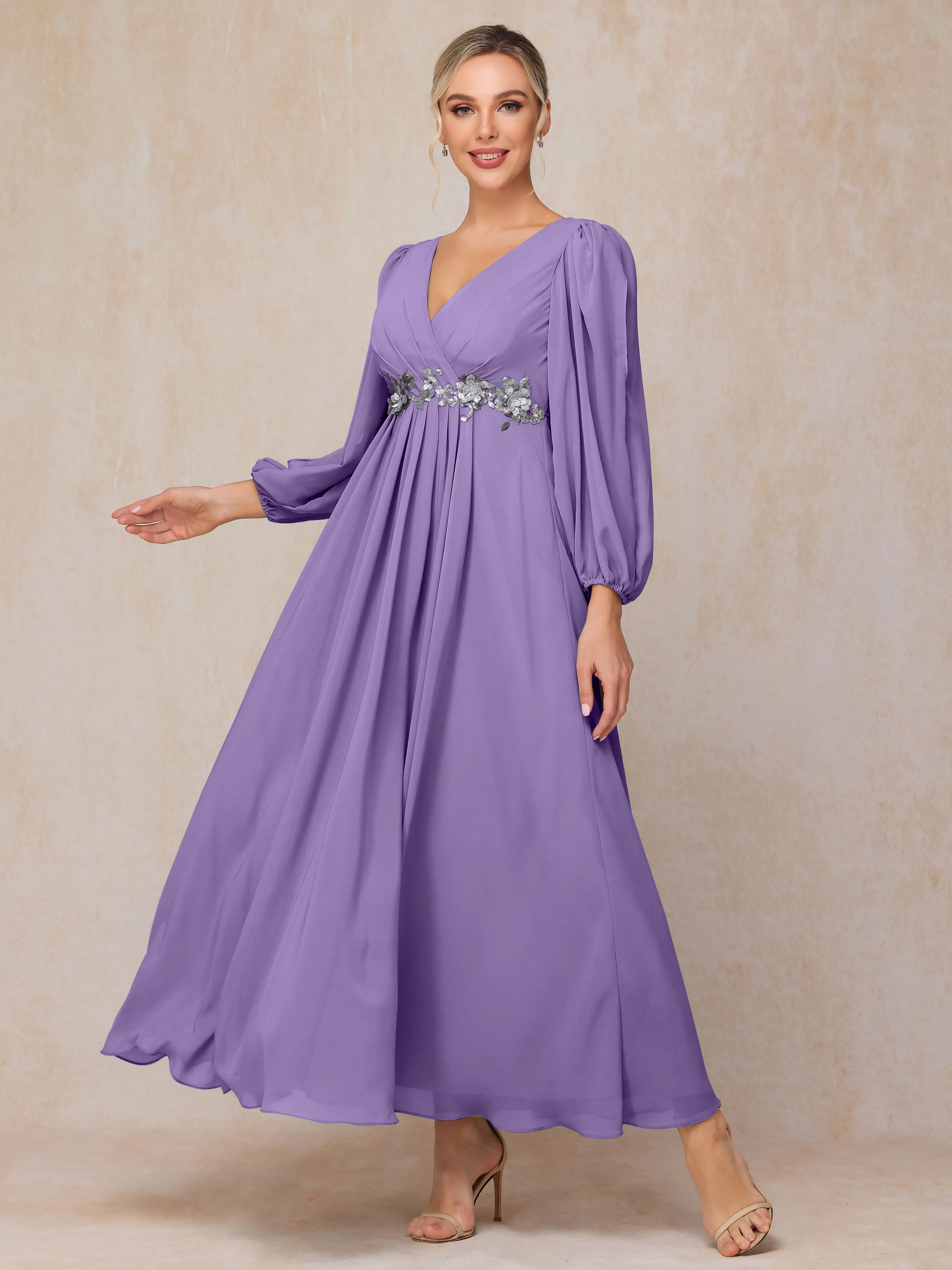 A-Line V-Neck Long Chiffon Mother of the Bride Dresses