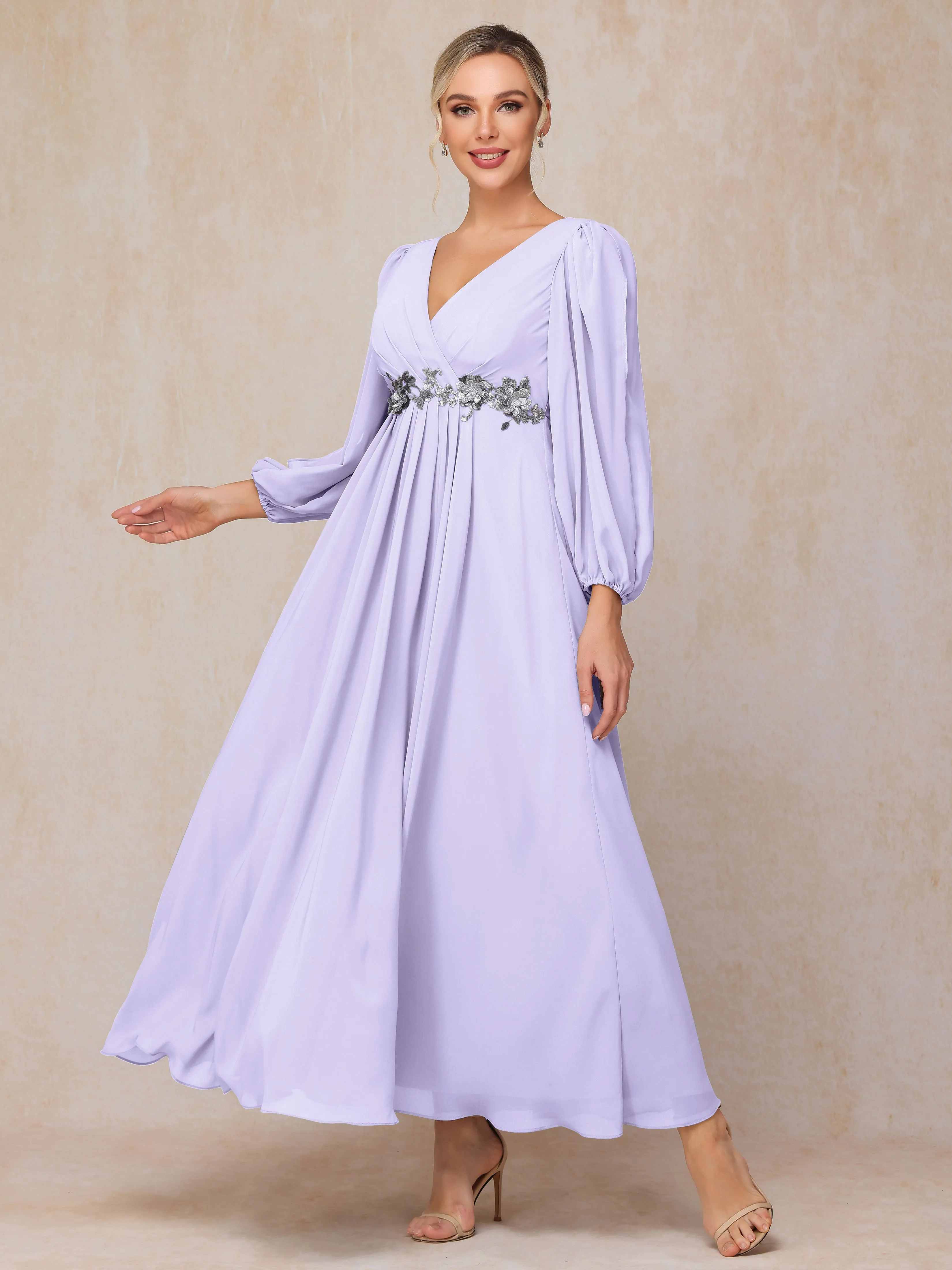 A-Line V-Neck Long Chiffon Mother of the Bride Dresses