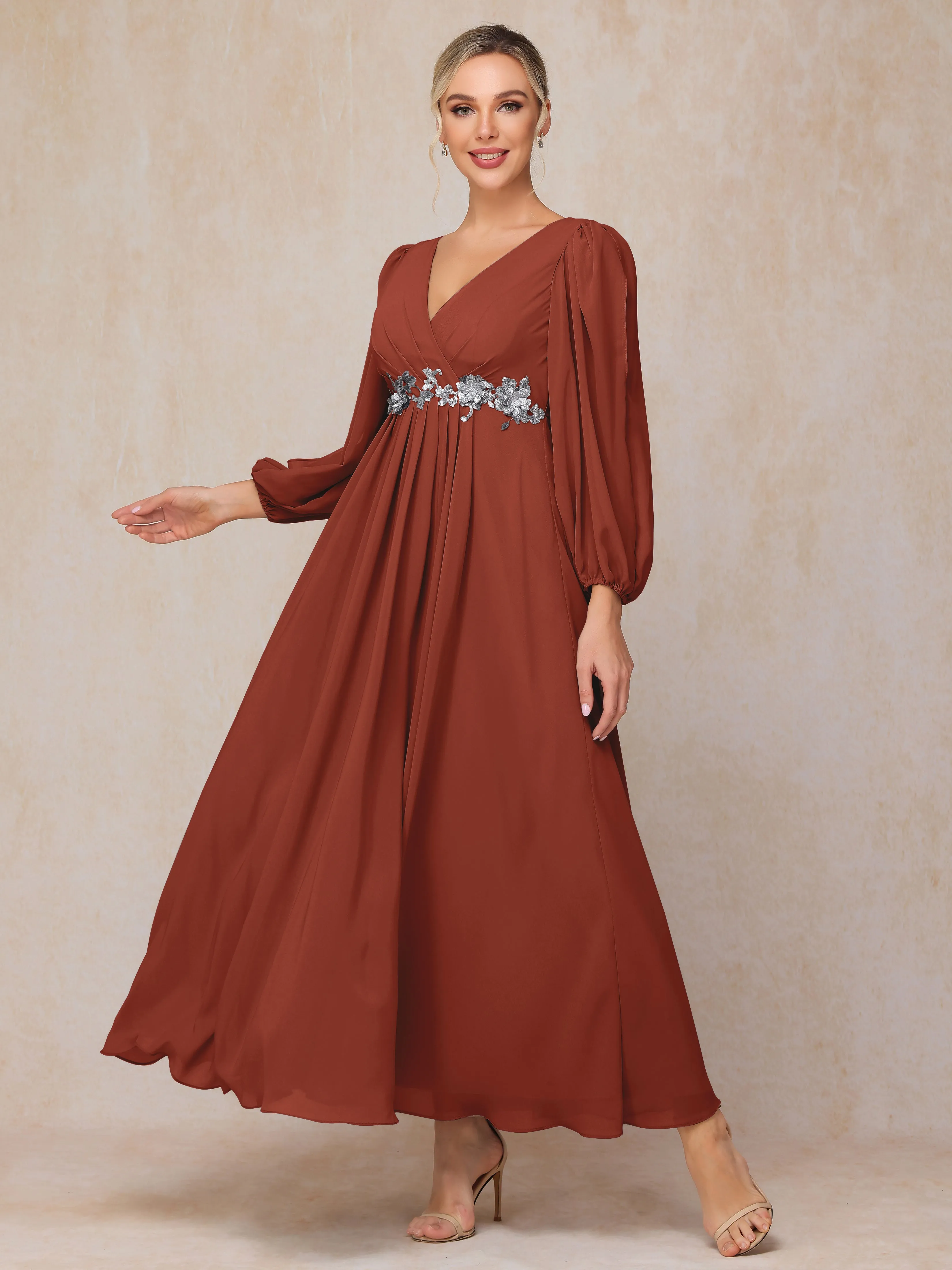 A-Line V-Neck Long Chiffon Mother of the Bride Dresses