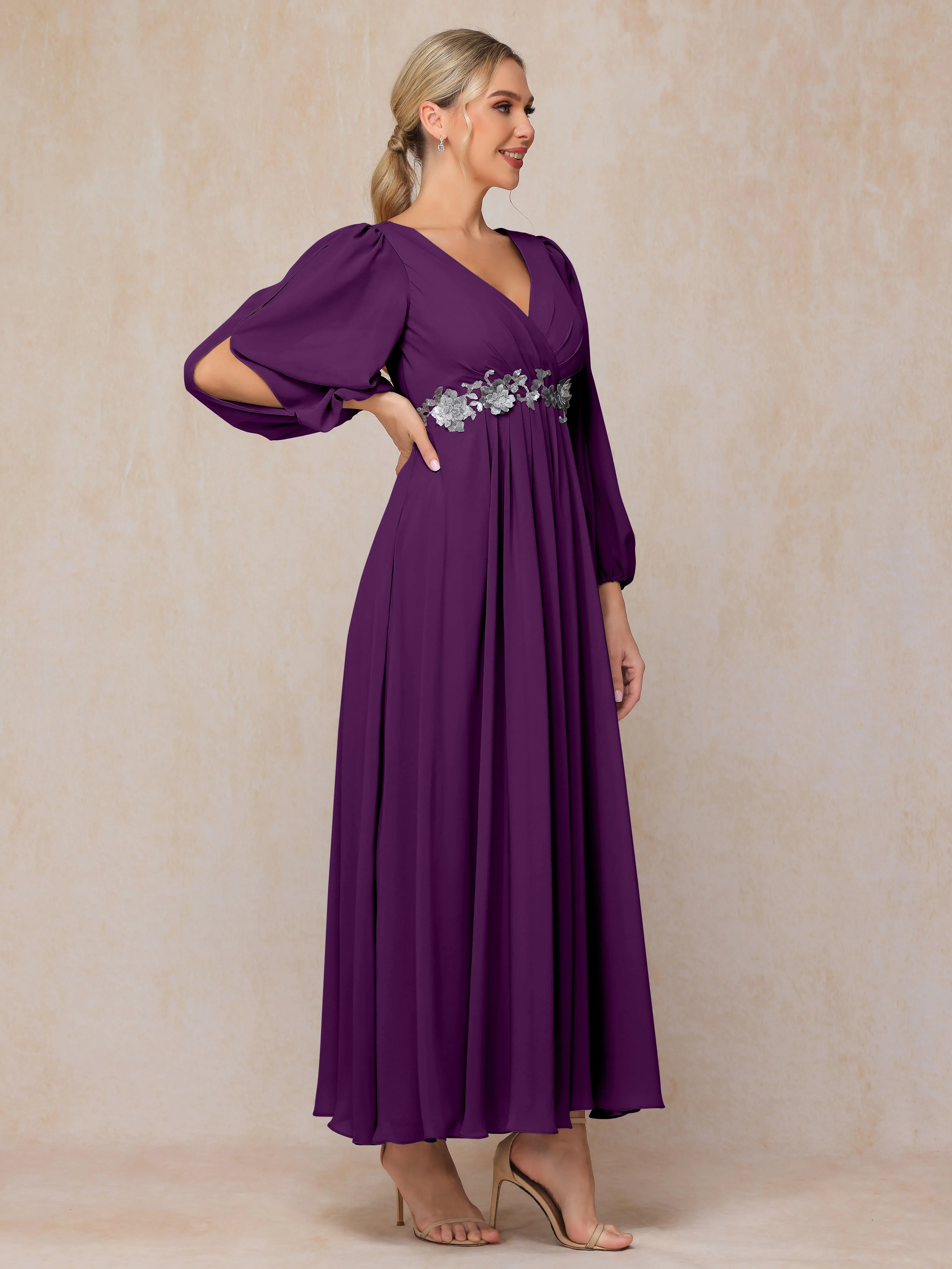 A-Line V-Neck Long Chiffon Mother of the Bride Dresses