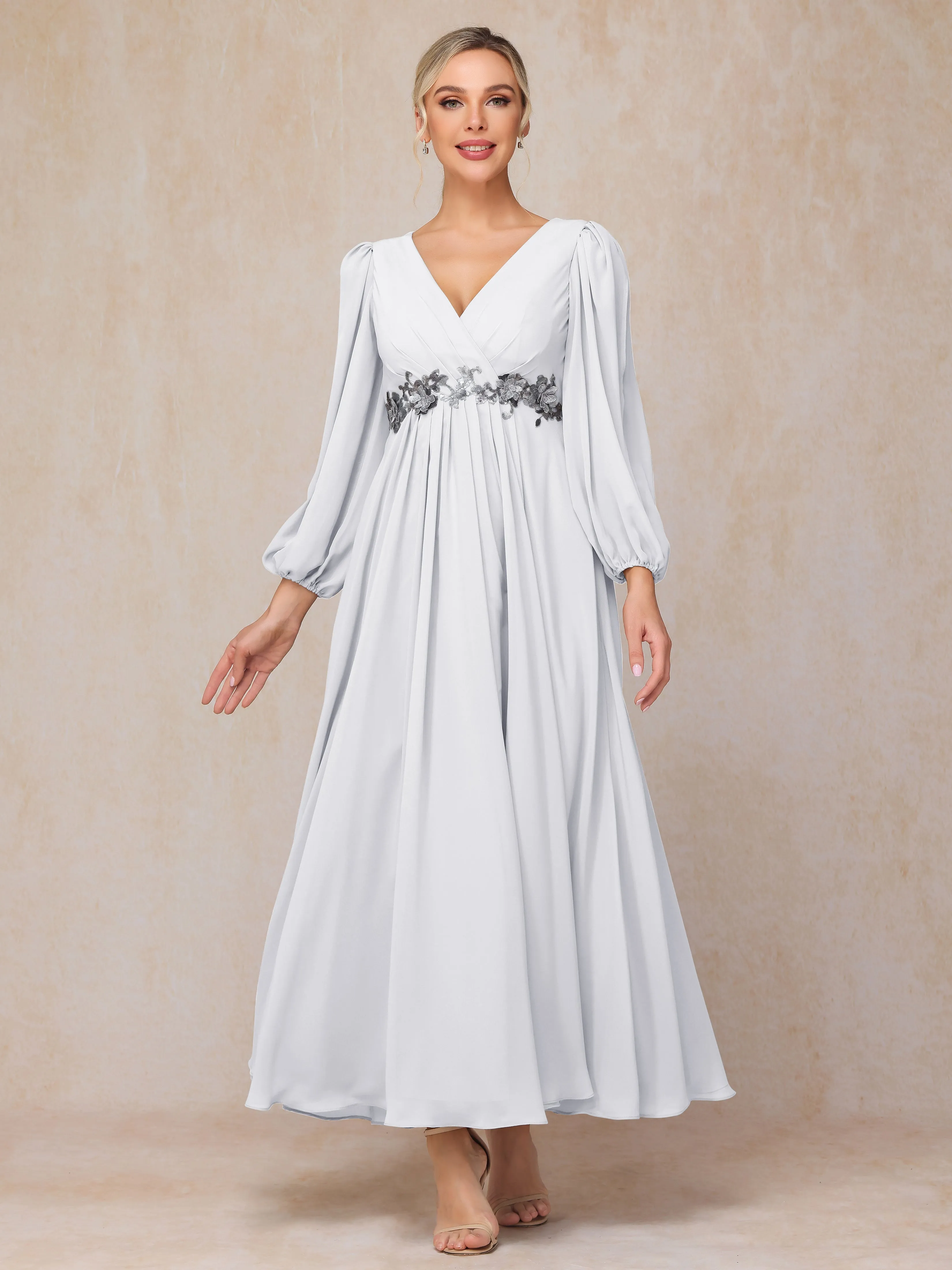 A-Line V-Neck Long Chiffon Mother of the Bride Dresses