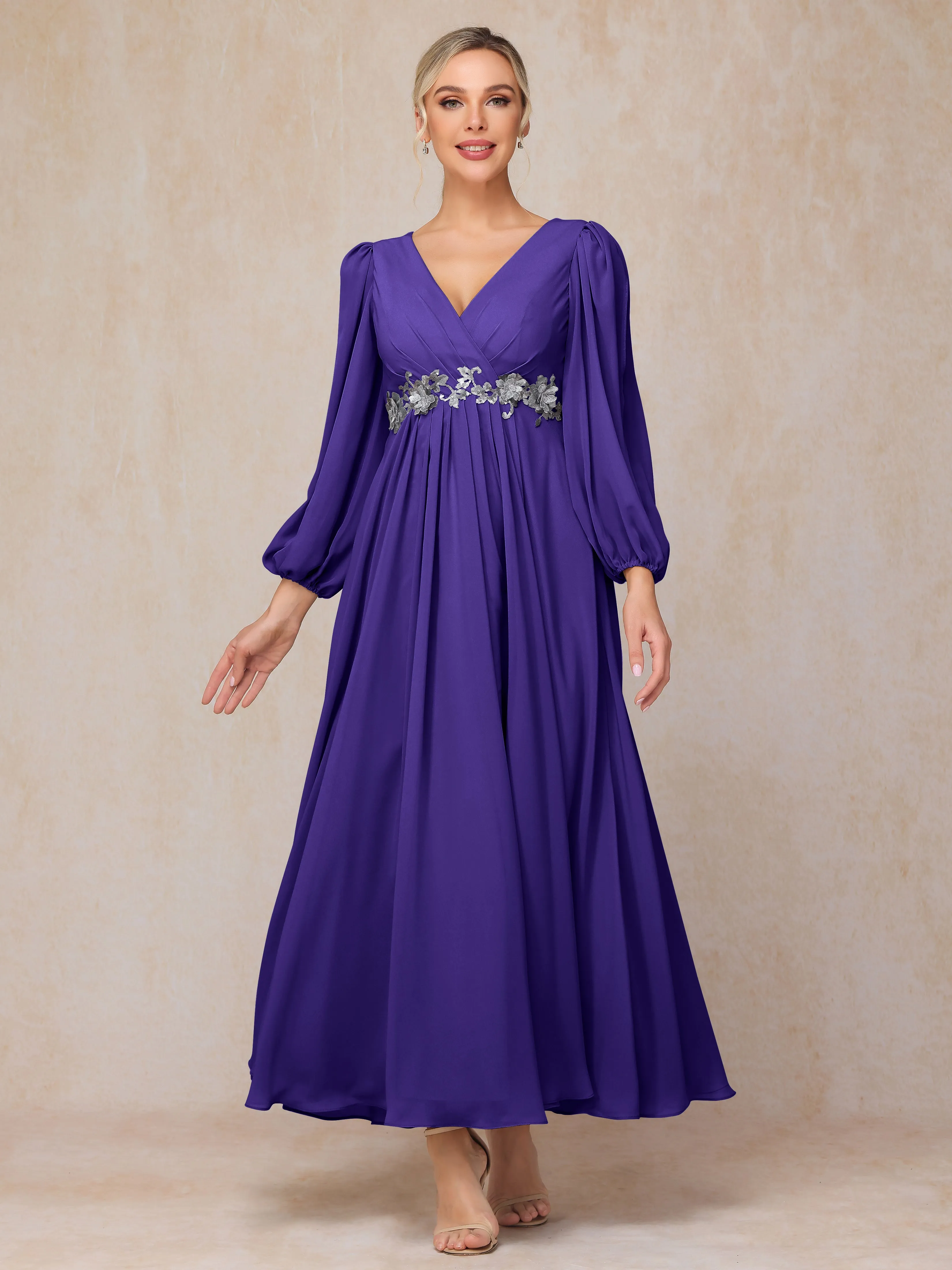 A-Line V-Neck Long Chiffon Mother of the Bride Dresses