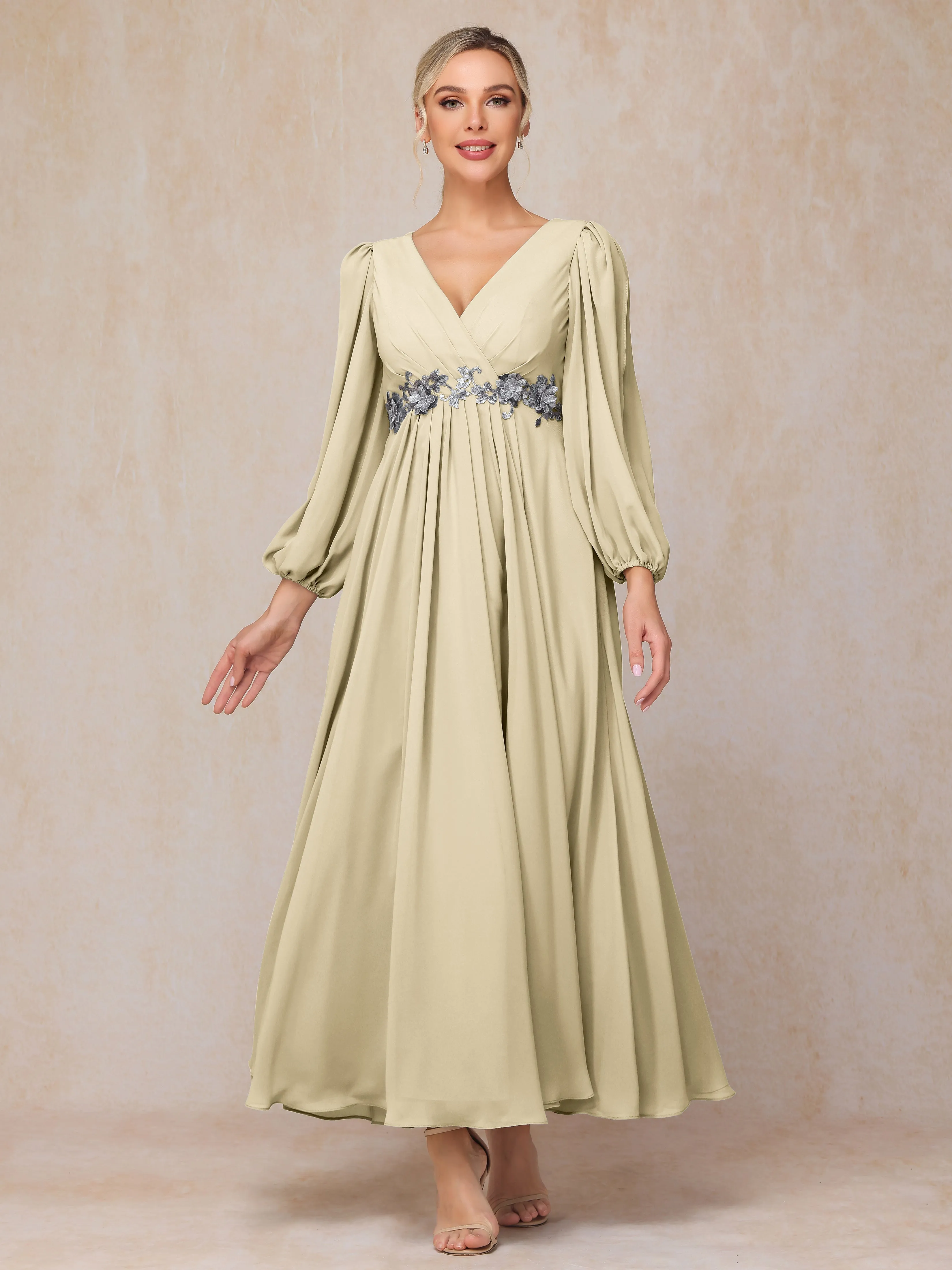 A-Line V-Neck Long Chiffon Mother of the Bride Dresses