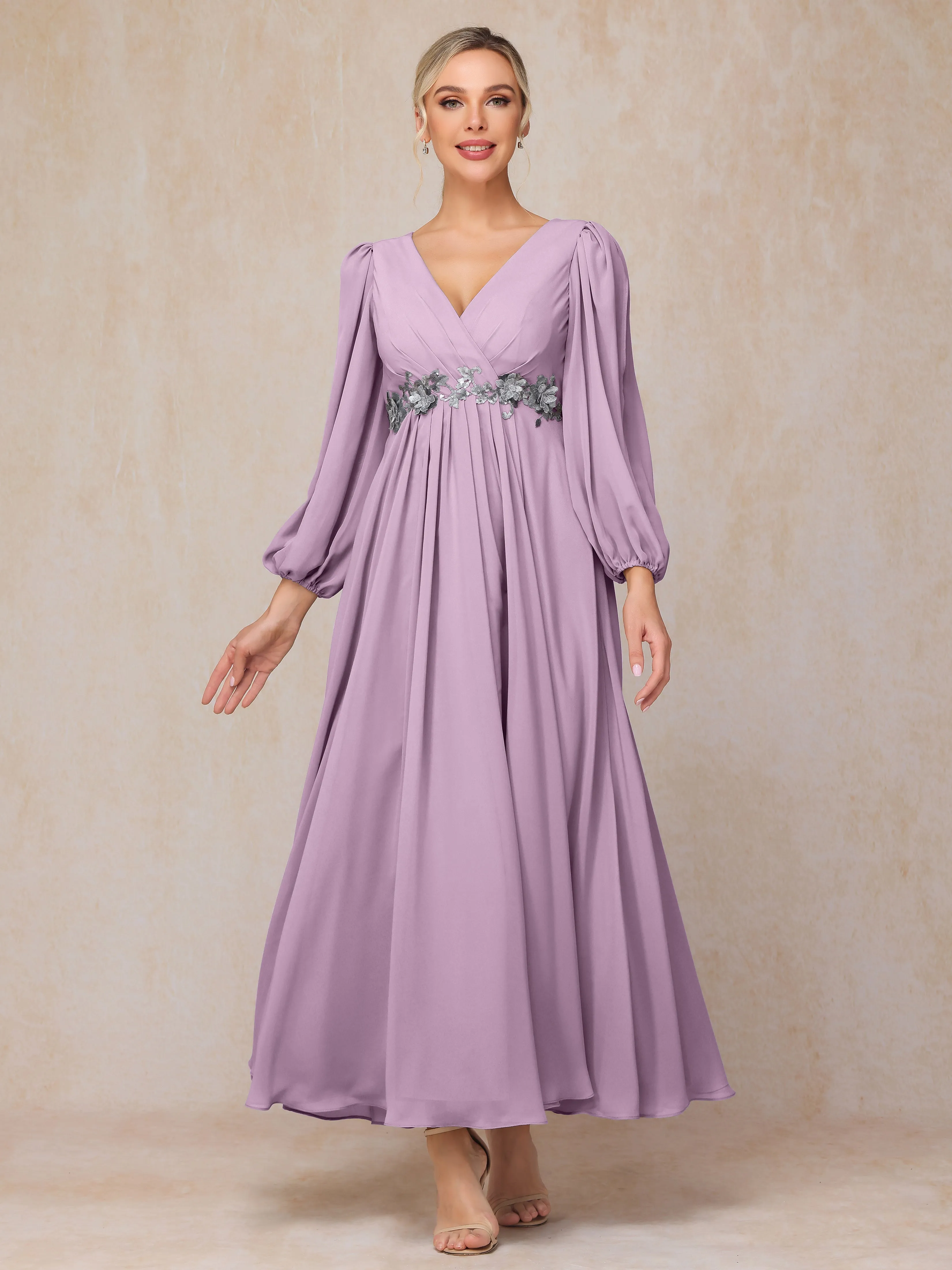 A-Line V-Neck Long Chiffon Mother of the Bride Dresses