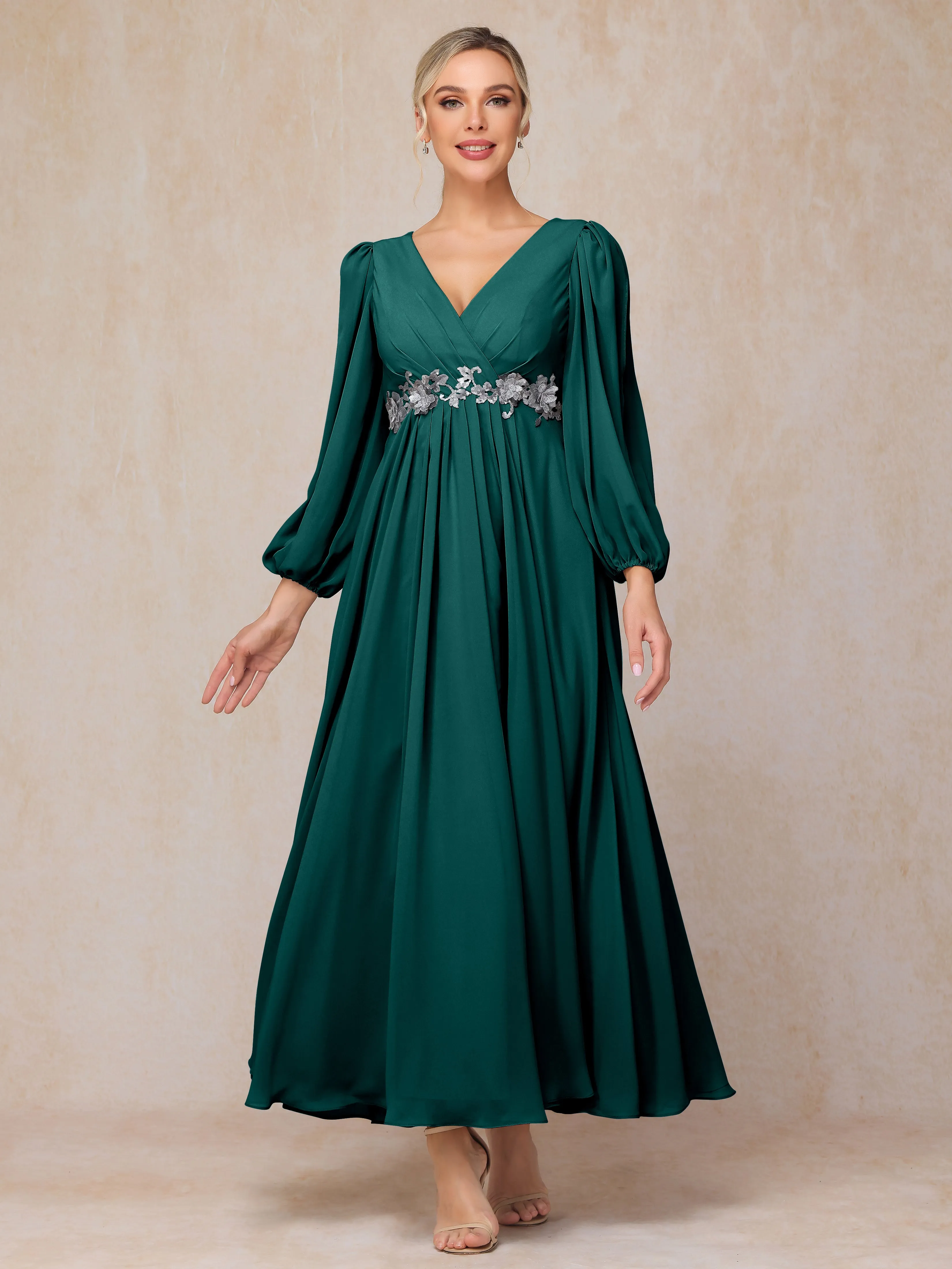 A-Line V-Neck Long Chiffon Mother of the Bride Dresses