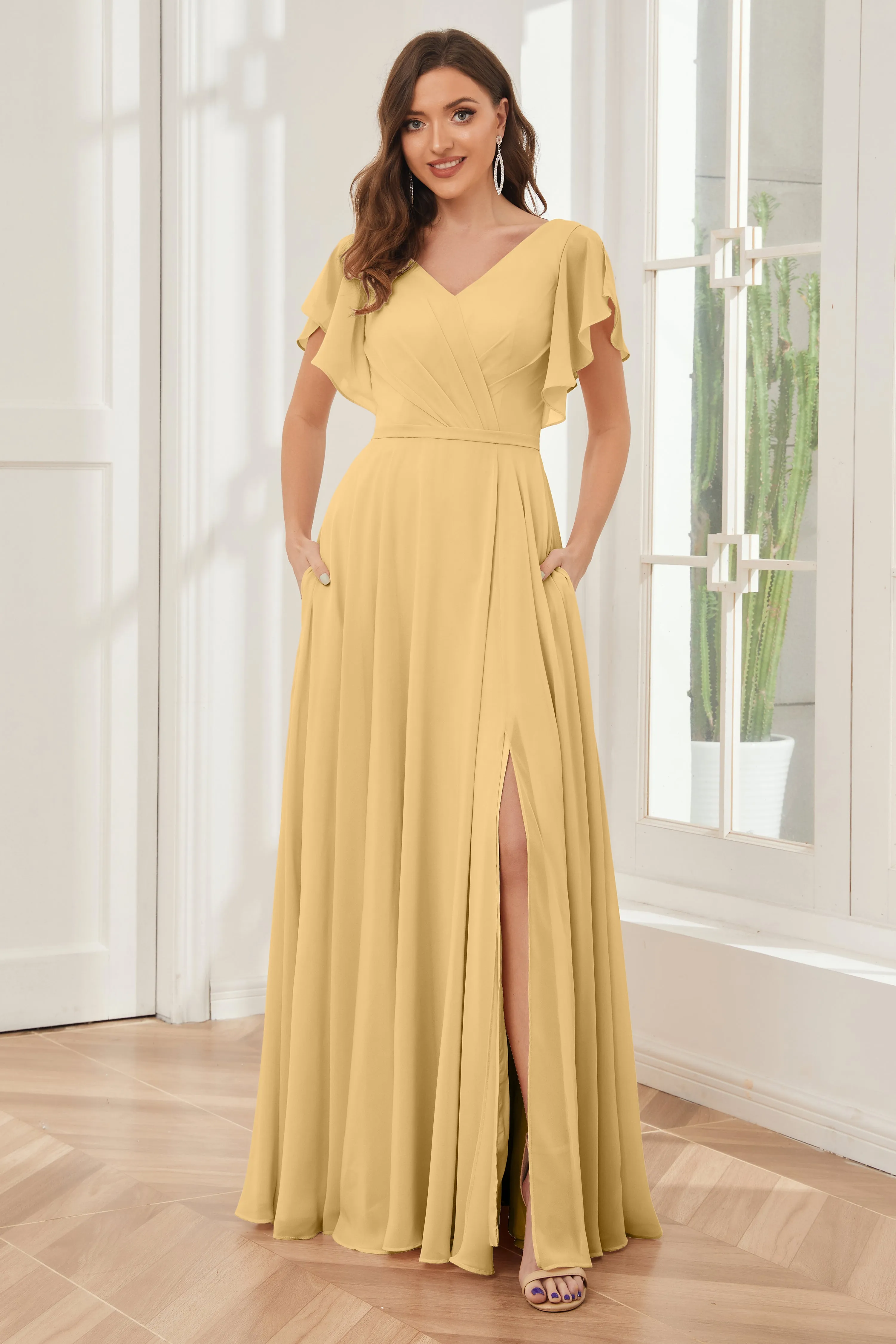 A-line V-neck Ruffle Sleeves Chiffon Bridesmaid Dresses