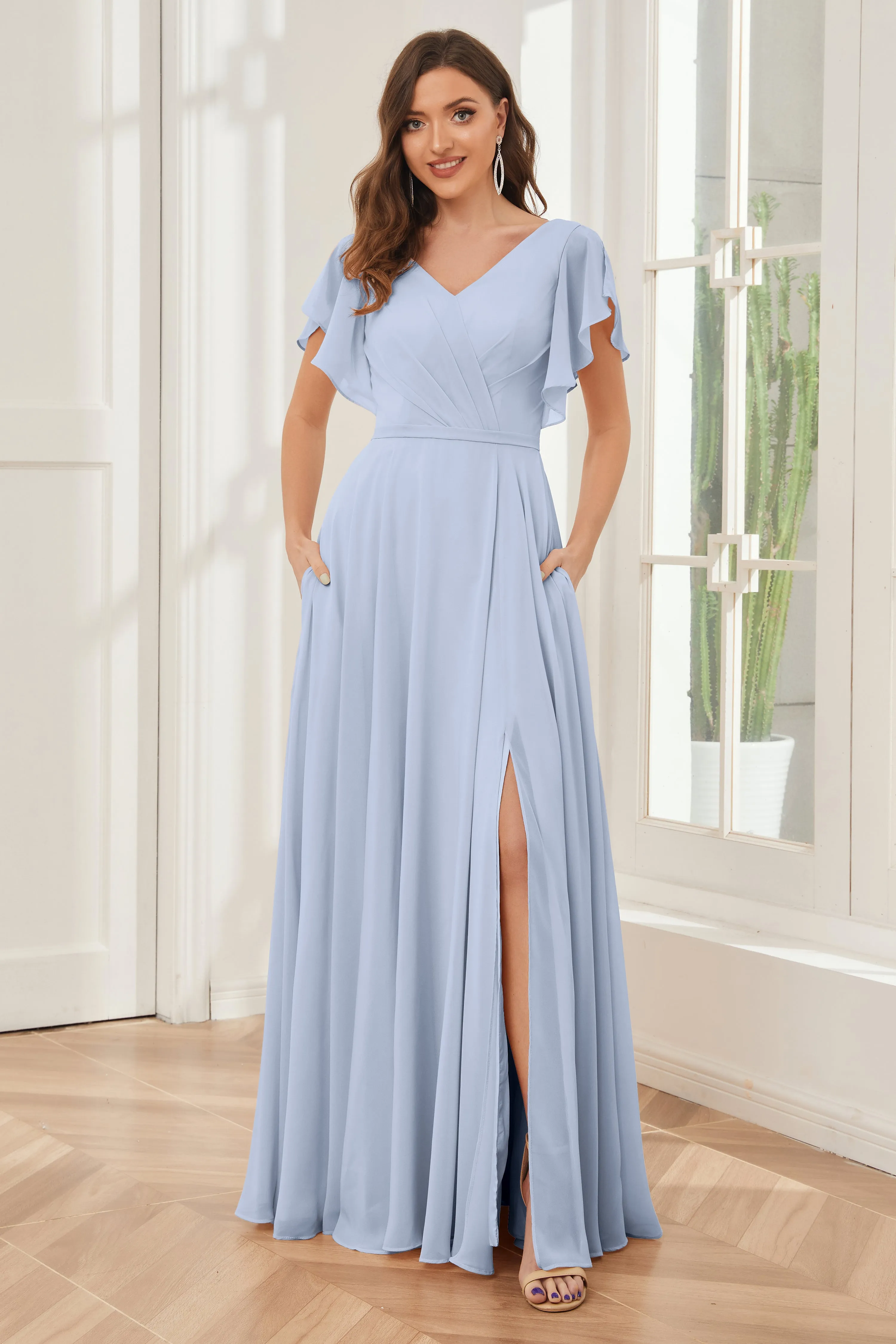 A-line V-neck Ruffle Sleeves Chiffon Bridesmaid Dresses