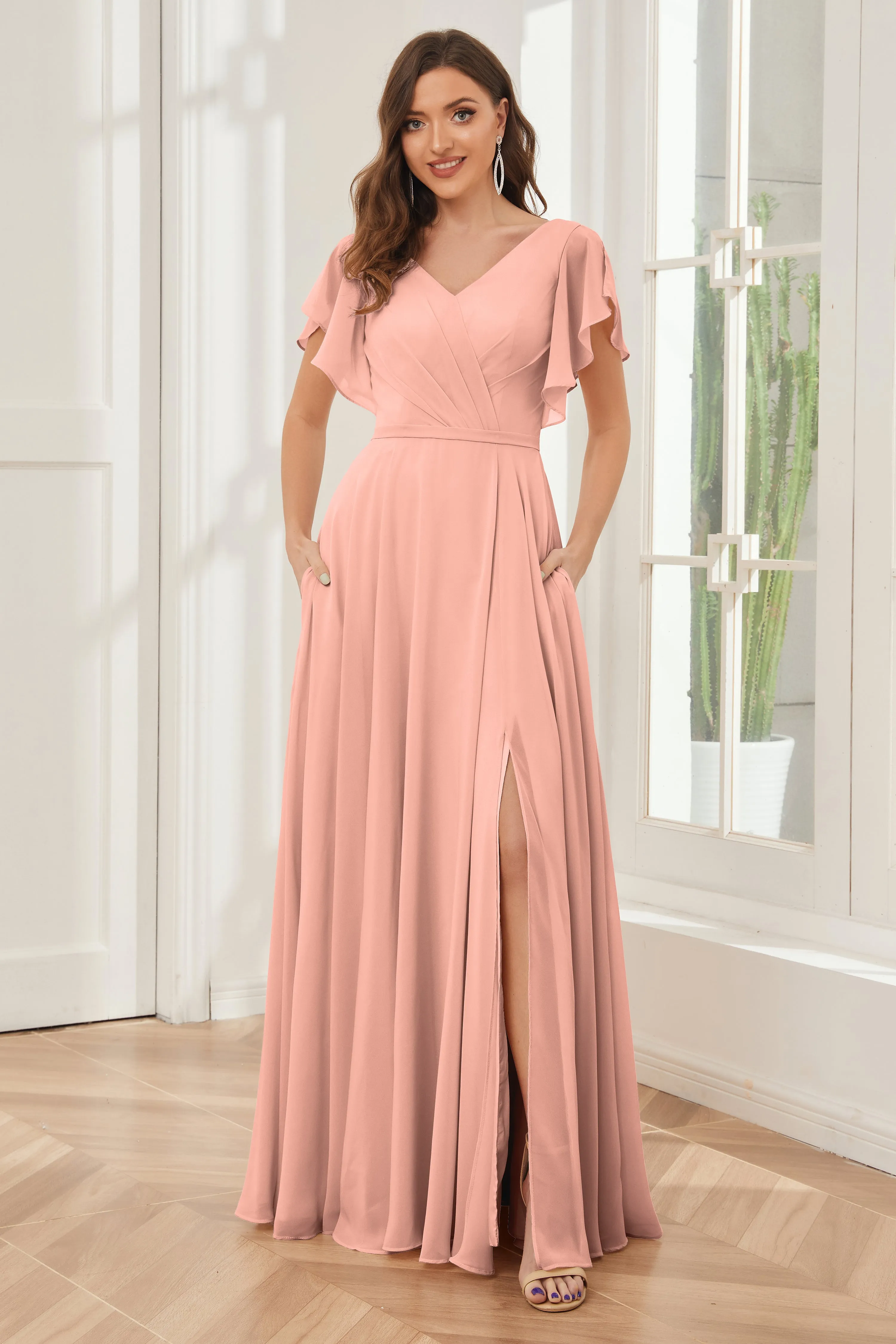 A-line V-neck Ruffle Sleeves Chiffon Bridesmaid Dresses