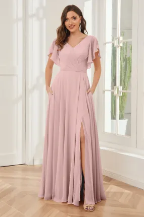 A-line V-neck Ruffle Sleeves Chiffon Bridesmaid Dresses