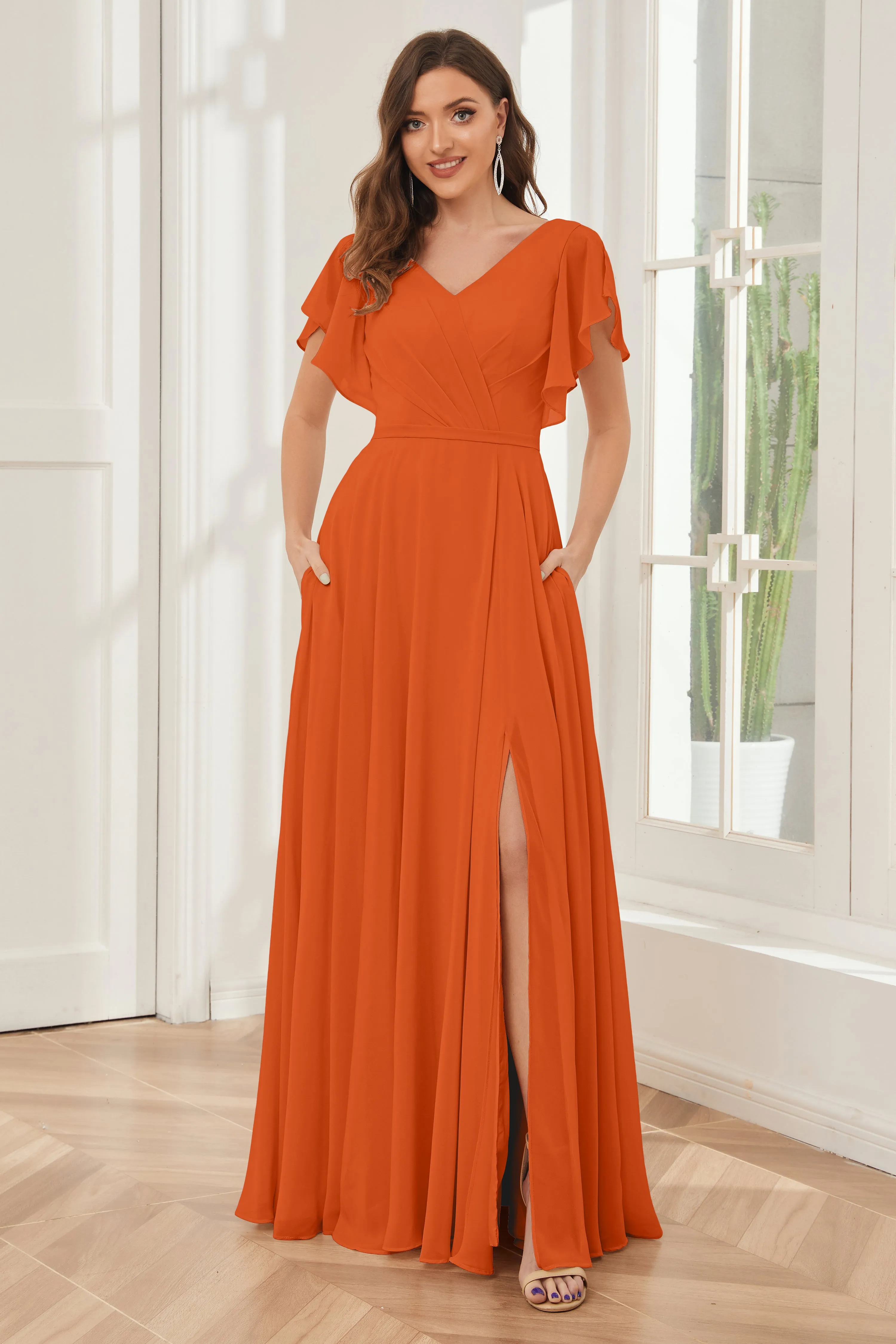 A-line V-neck Ruffle Sleeves Chiffon Bridesmaid Dresses