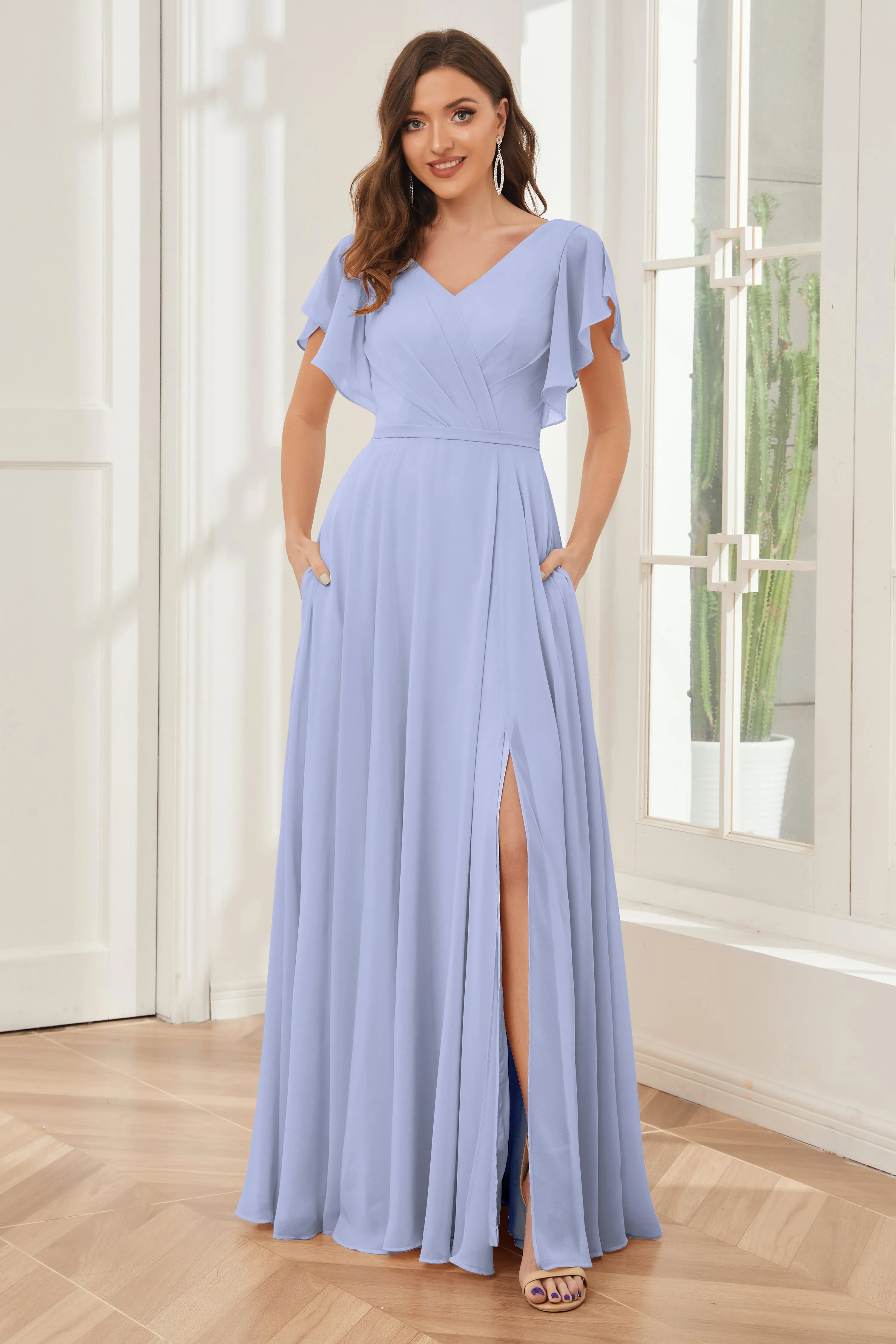 A-line V-neck Ruffle Sleeves Chiffon Bridesmaid Dresses