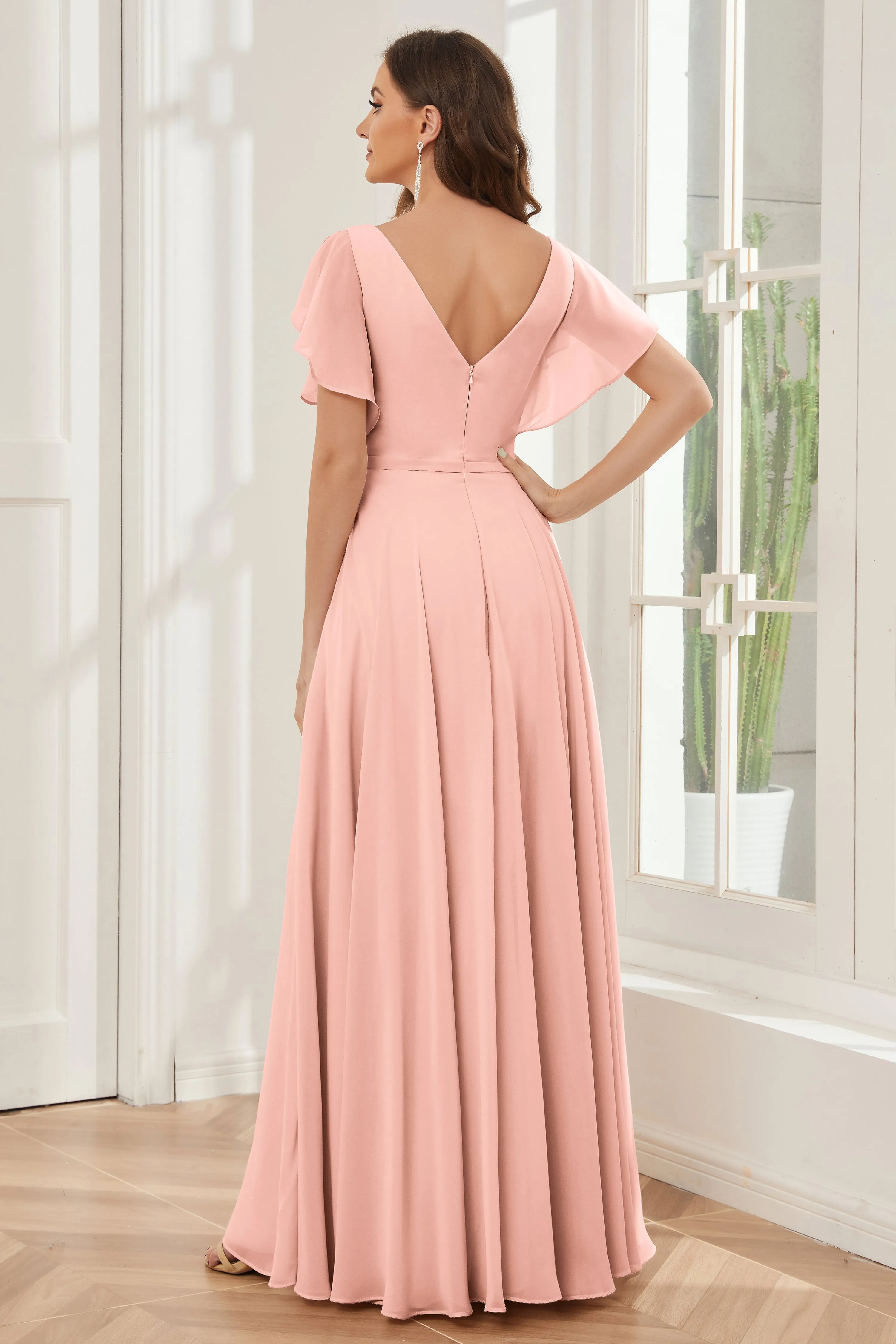 A-line V-neck Ruffle Sleeves Chiffon Bridesmaid Dresses