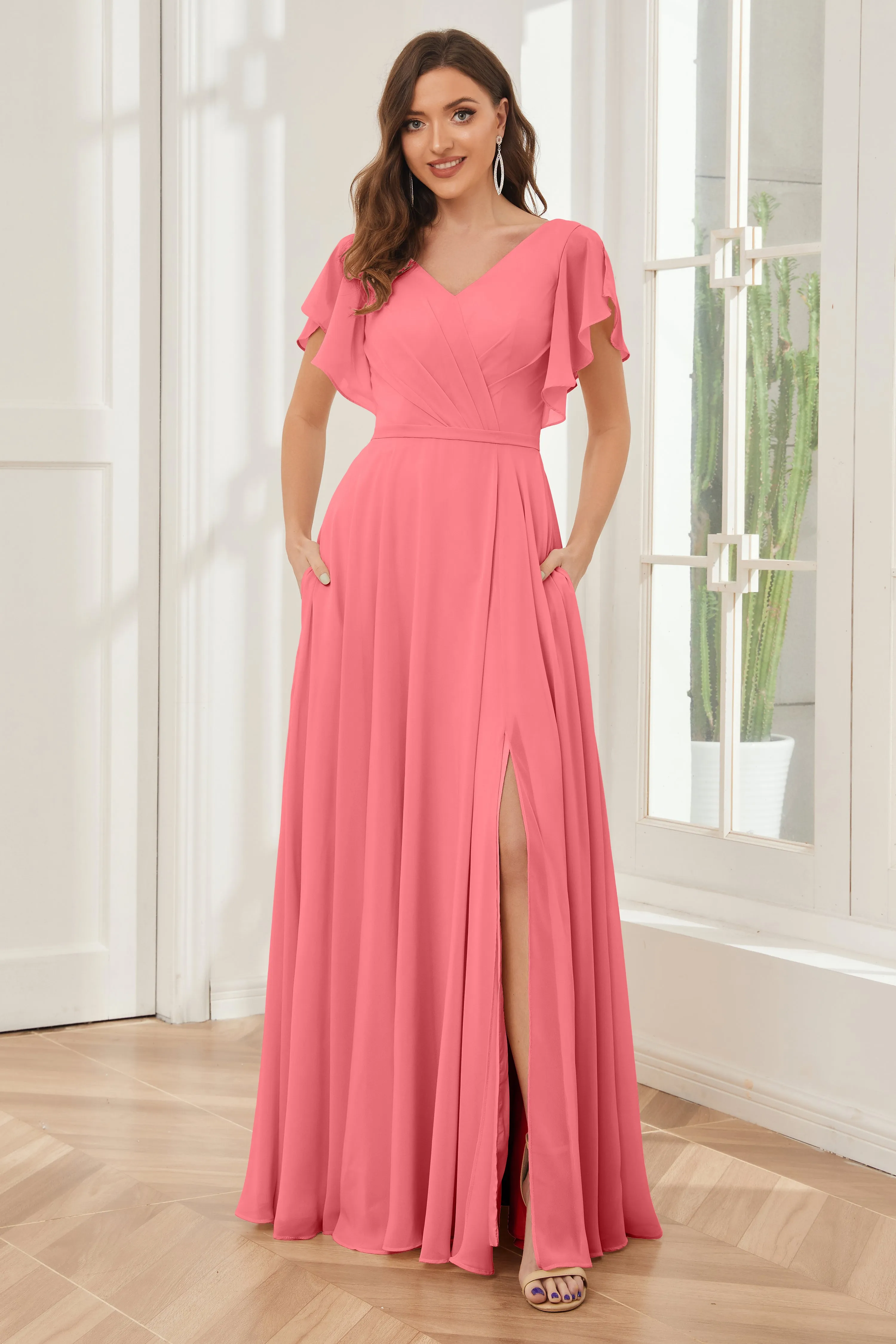 A-line V-neck Ruffle Sleeves Chiffon Bridesmaid Dresses