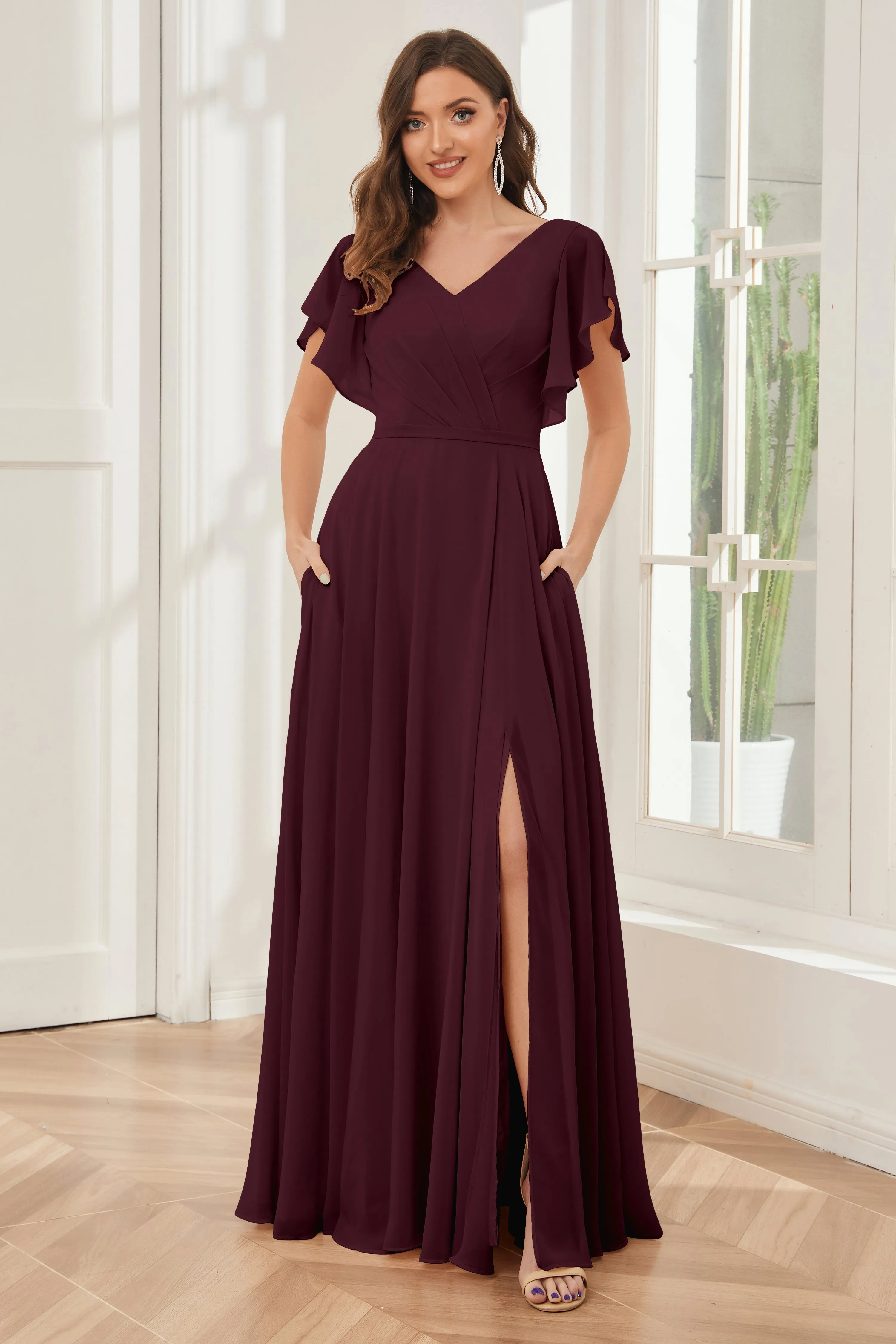 A-line V-neck Ruffle Sleeves Chiffon Bridesmaid Dresses