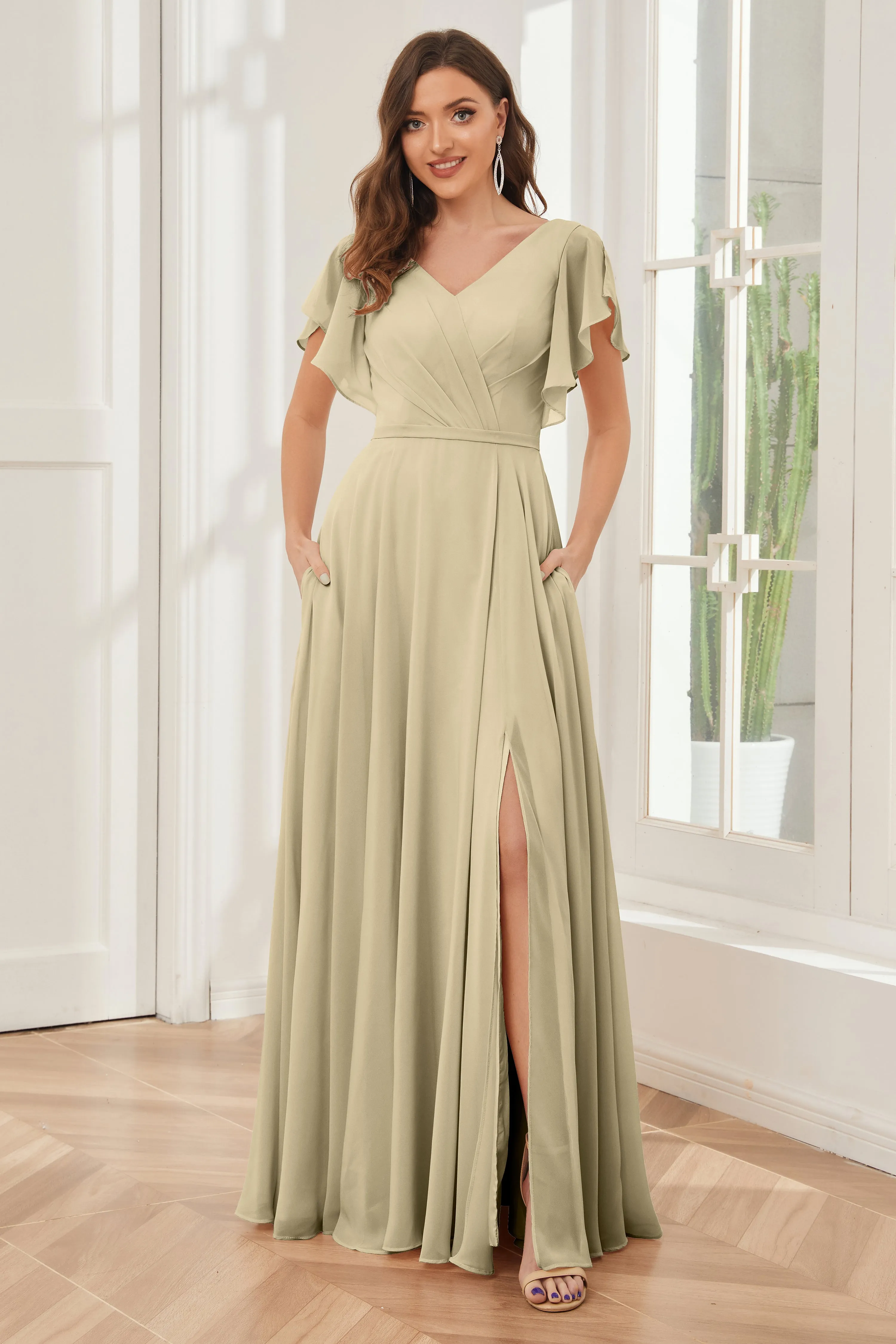 A-line V-neck Ruffle Sleeves Chiffon Bridesmaid Dresses