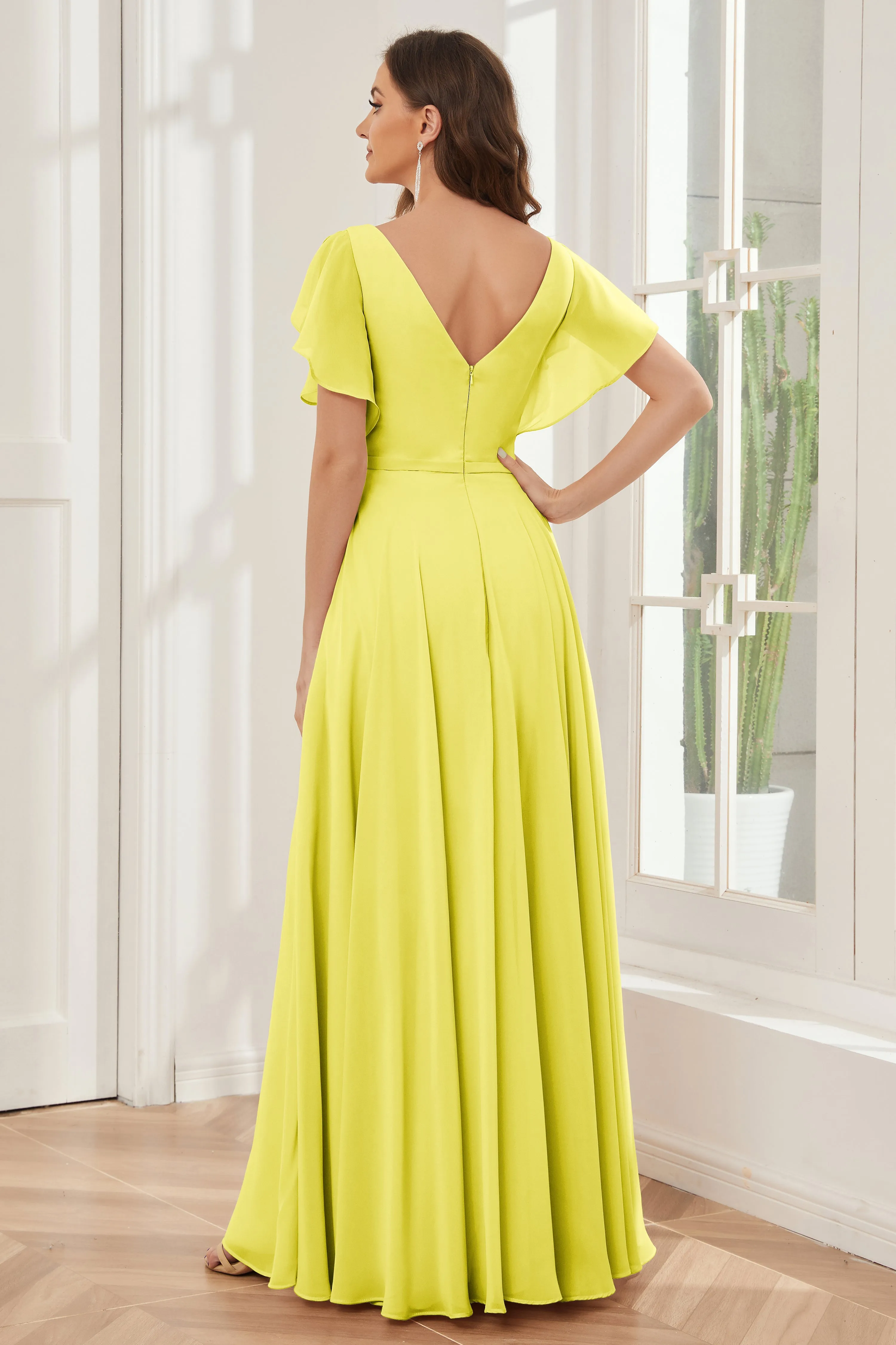 A-line V-neck Ruffle Sleeves Chiffon Bridesmaid Dresses