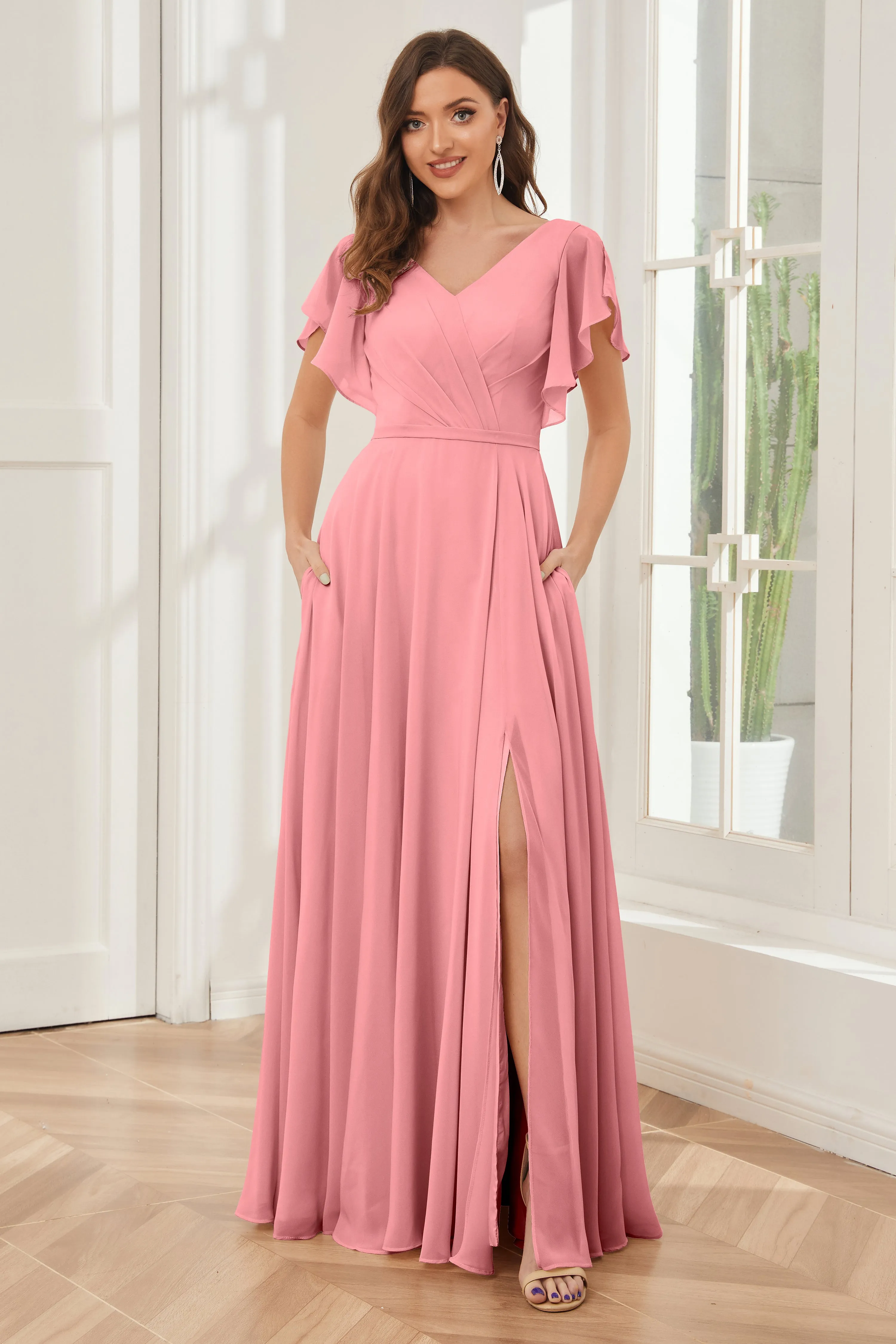 A-line V-neck Ruffle Sleeves Chiffon Bridesmaid Dresses