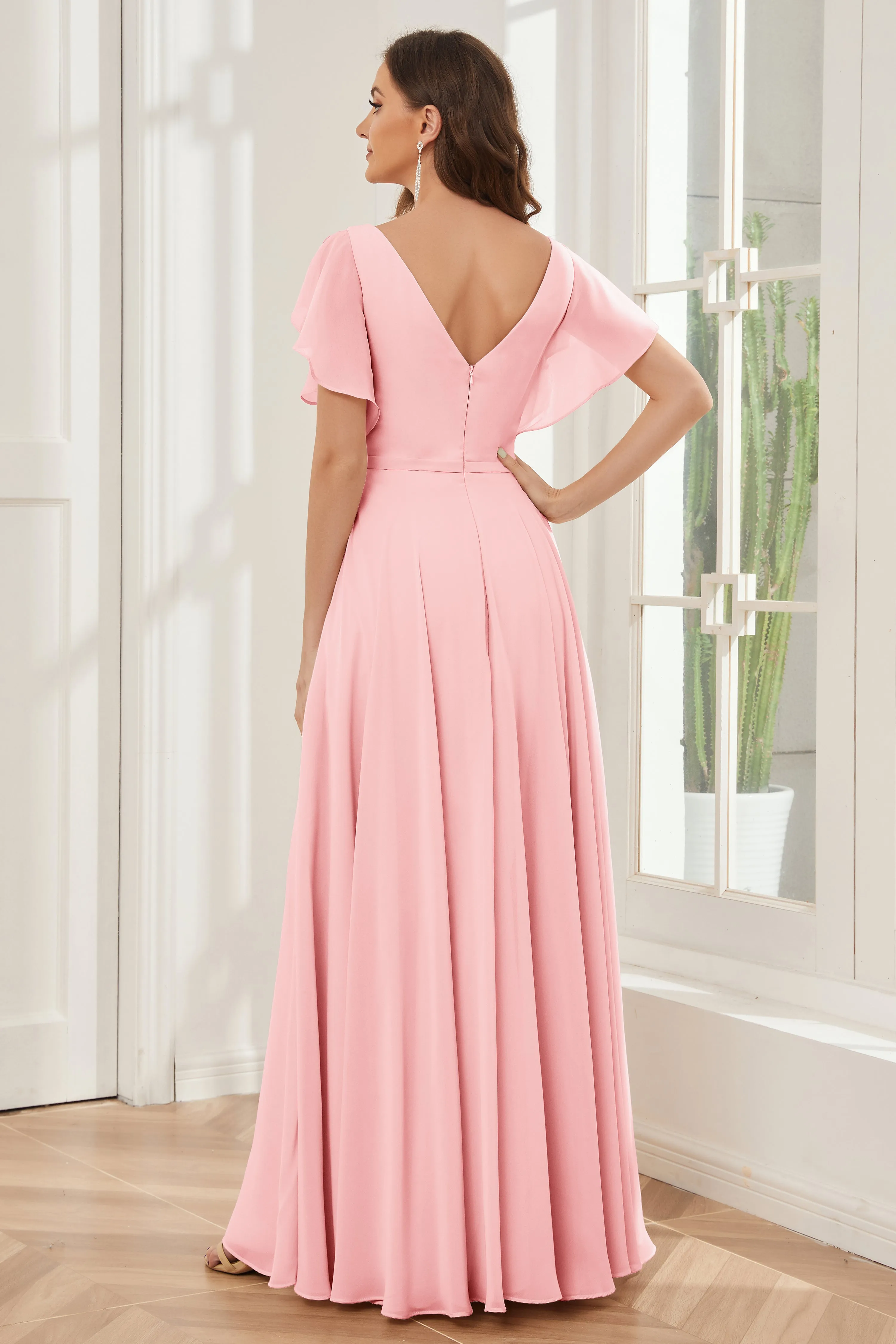 A-line V-neck Ruffle Sleeves Chiffon Bridesmaid Dresses