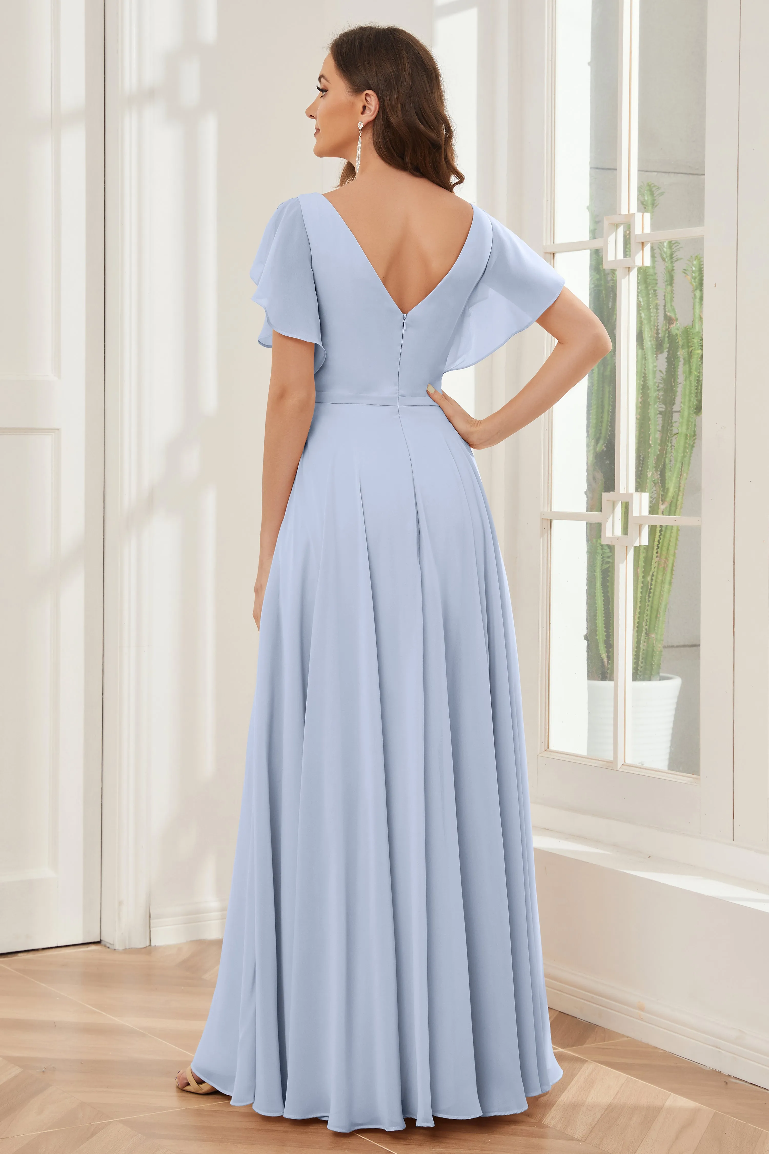 A-line V-neck Ruffle Sleeves Chiffon Bridesmaid Dresses