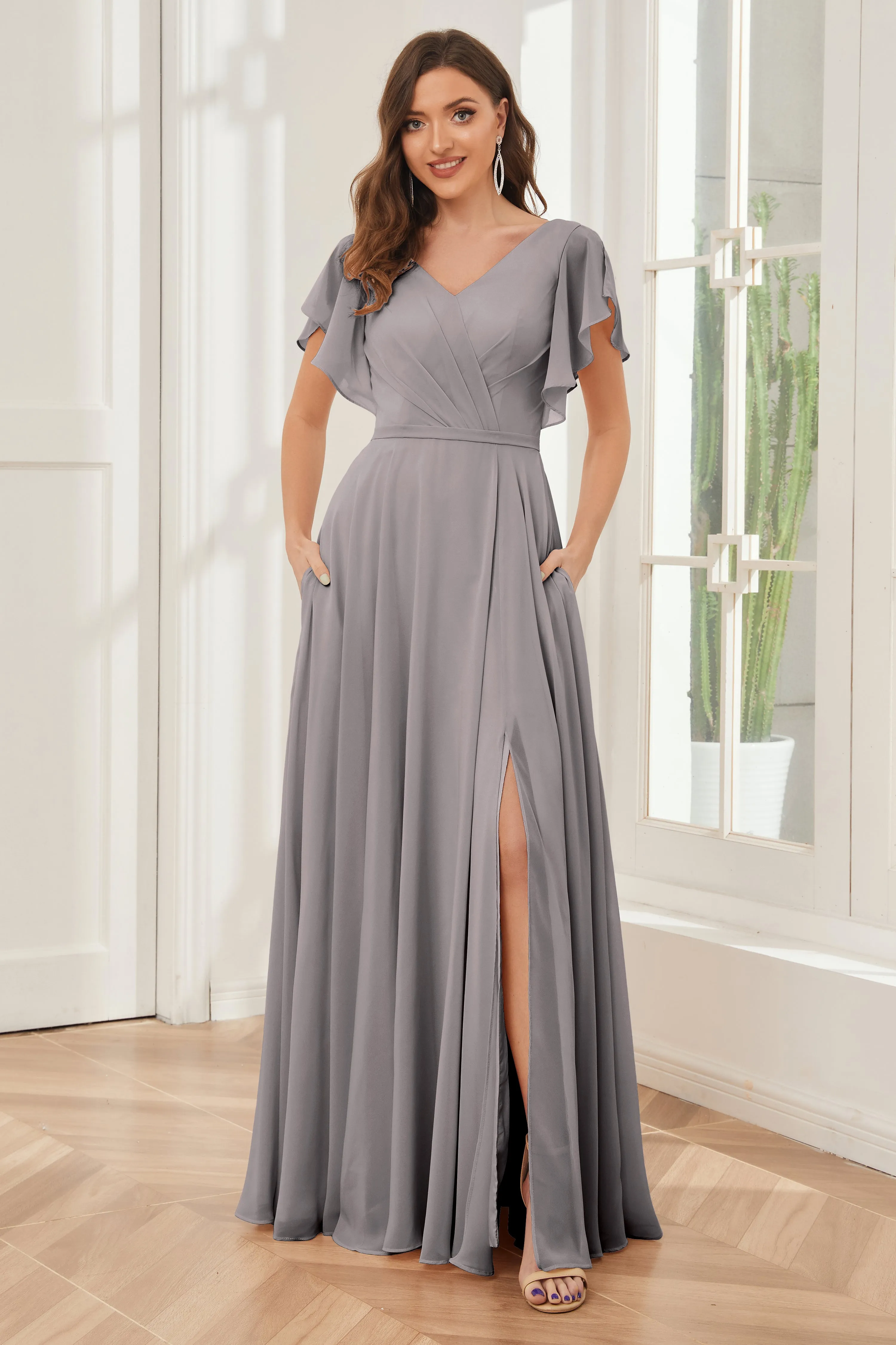 A-line V-neck Ruffle Sleeves Chiffon Bridesmaid Dresses