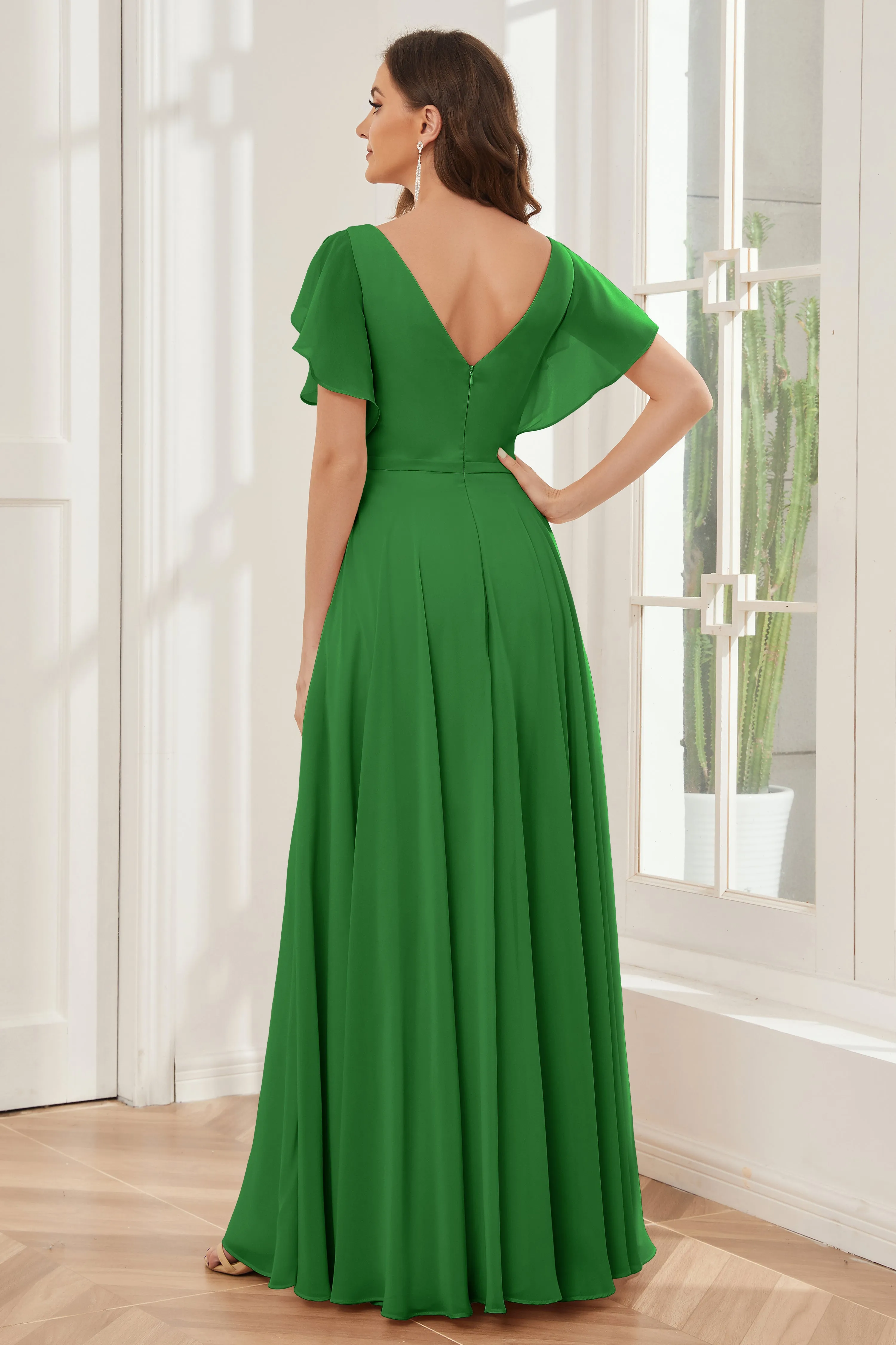 A-line V-neck Ruffle Sleeves Chiffon Bridesmaid Dresses