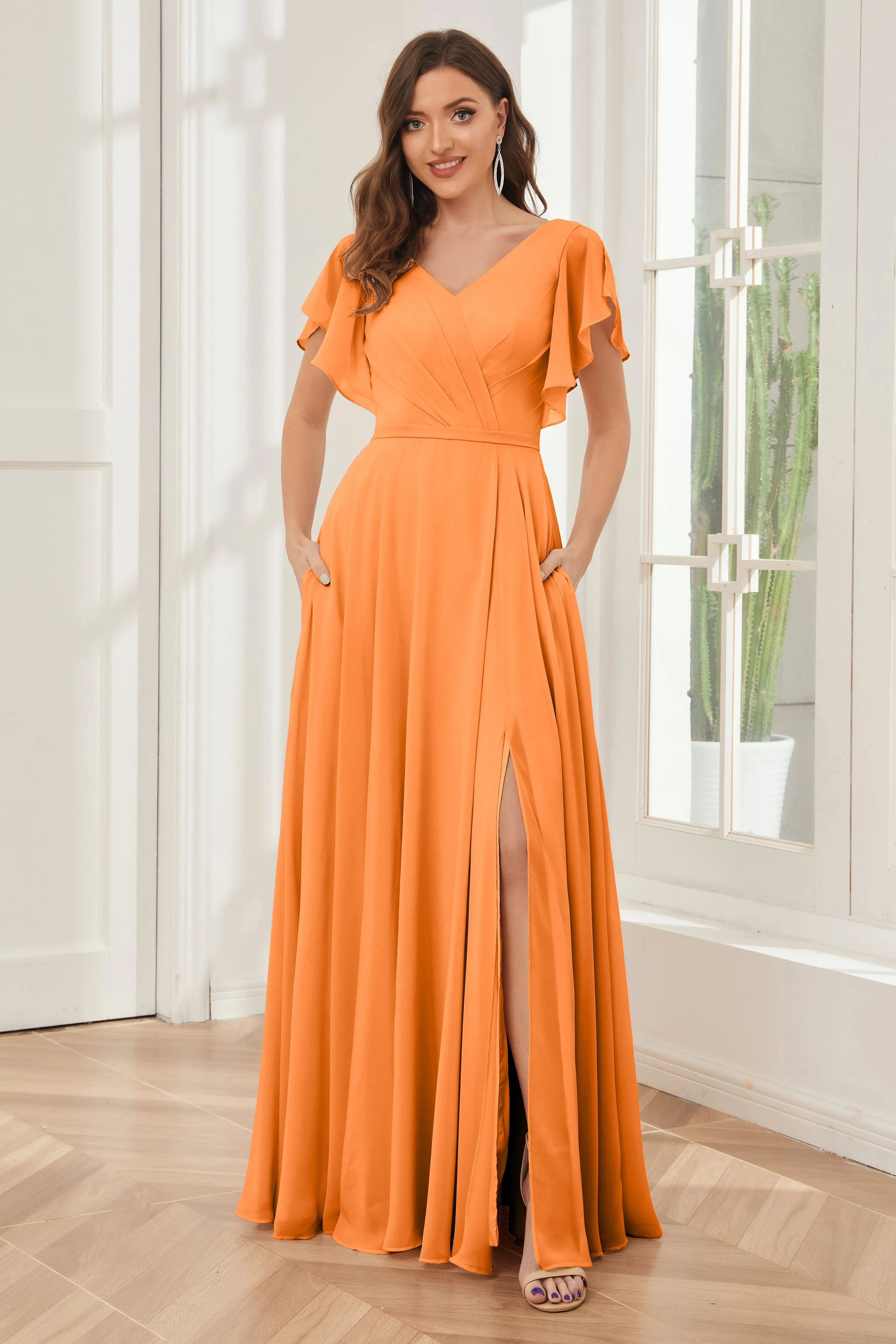 A-line V-neck Ruffle Sleeves Chiffon Bridesmaid Dresses