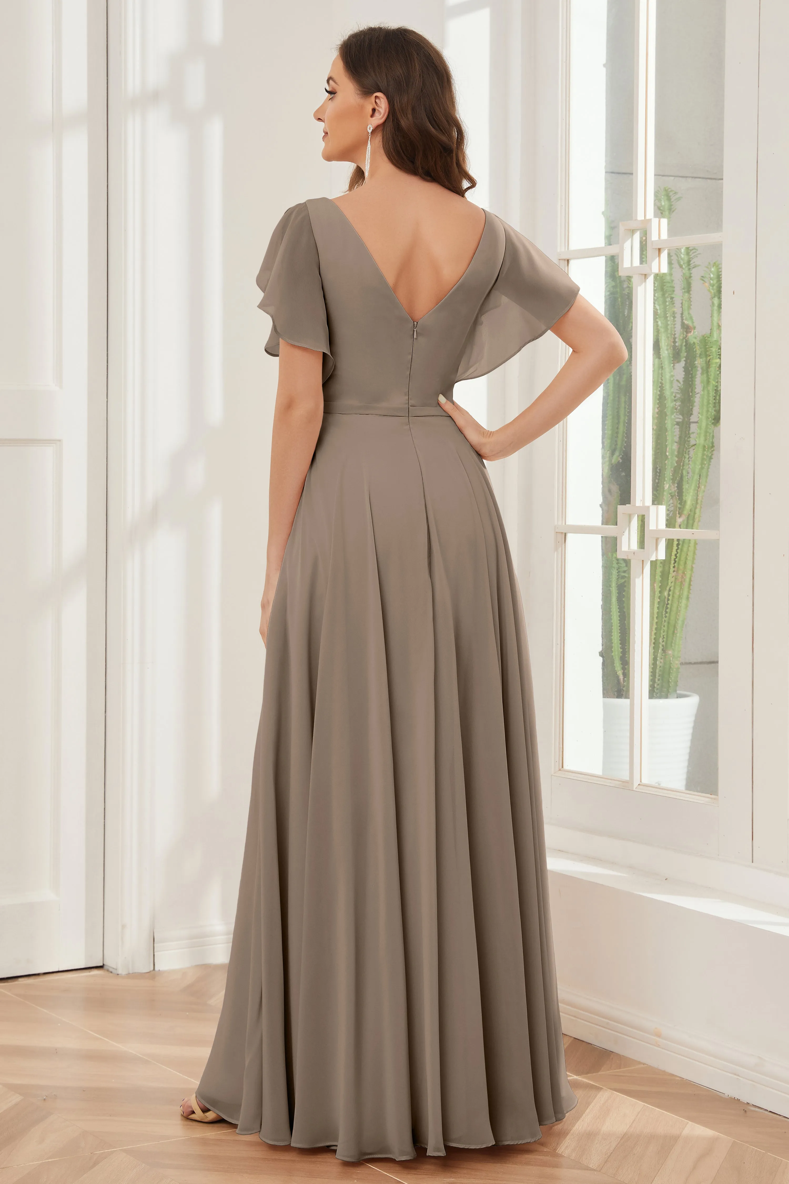 A-line V-neck Ruffle Sleeves Chiffon Bridesmaid Dresses