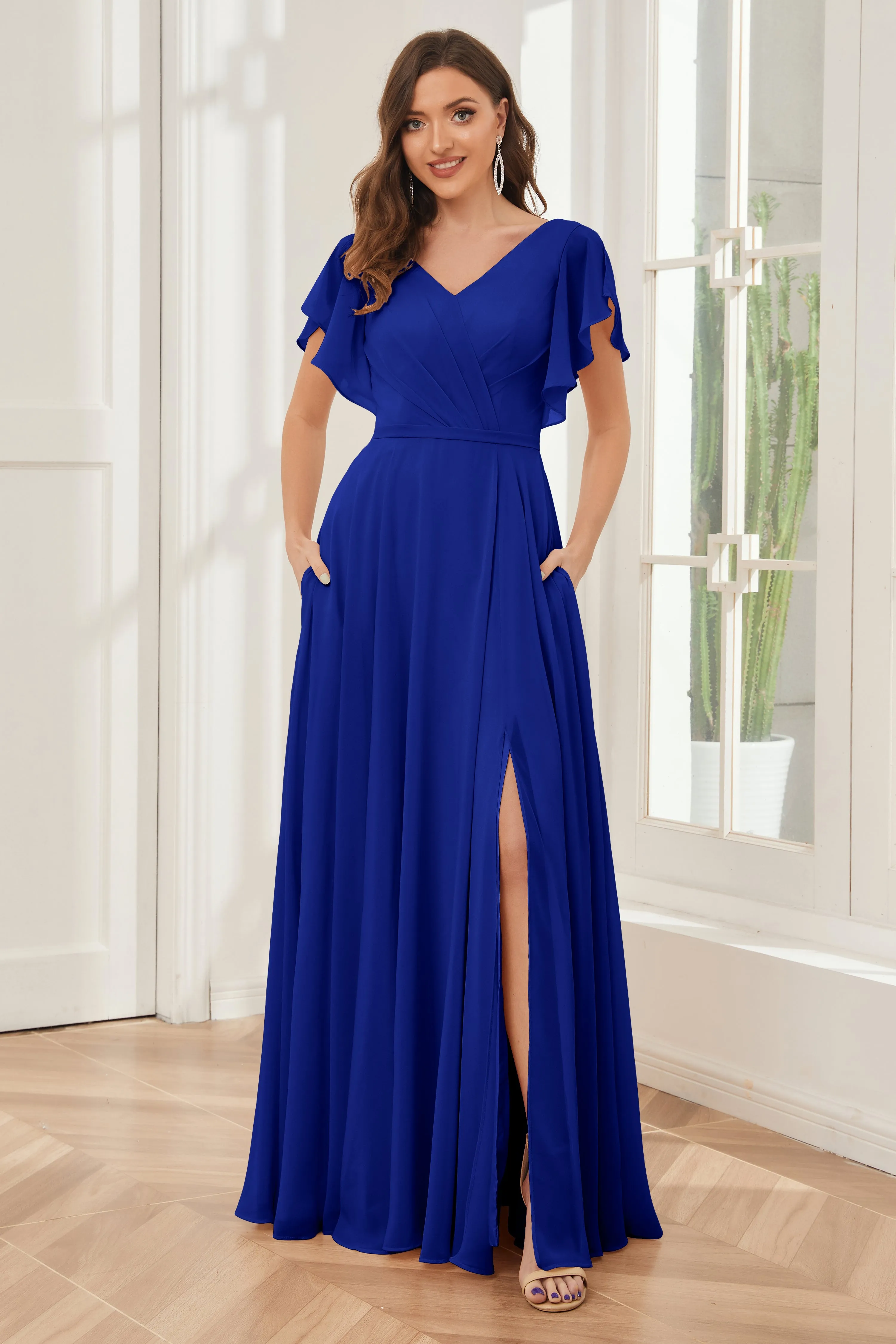 A-line V-neck Ruffle Sleeves Chiffon Bridesmaid Dresses