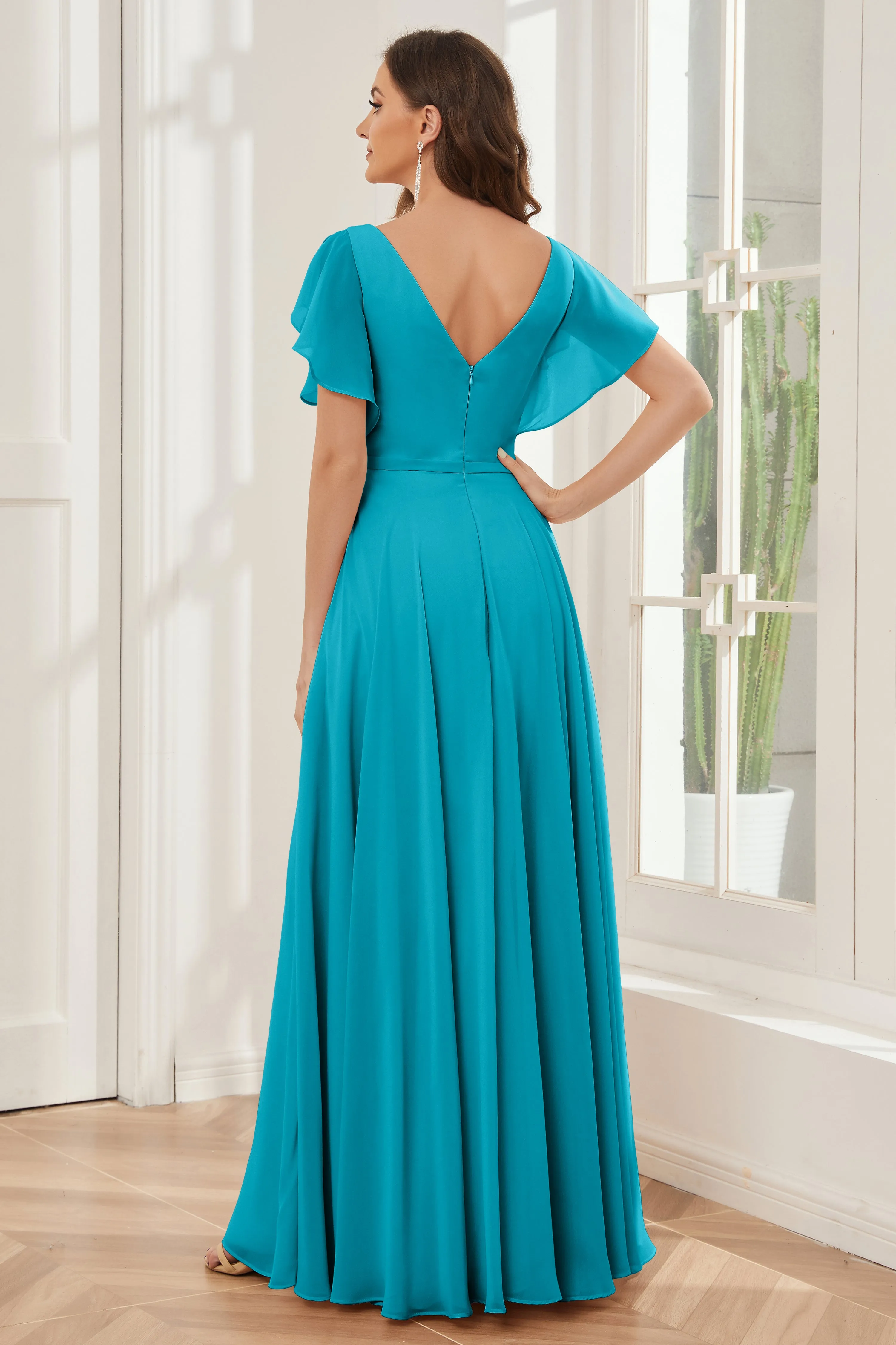 A-line V-neck Ruffle Sleeves Chiffon Bridesmaid Dresses