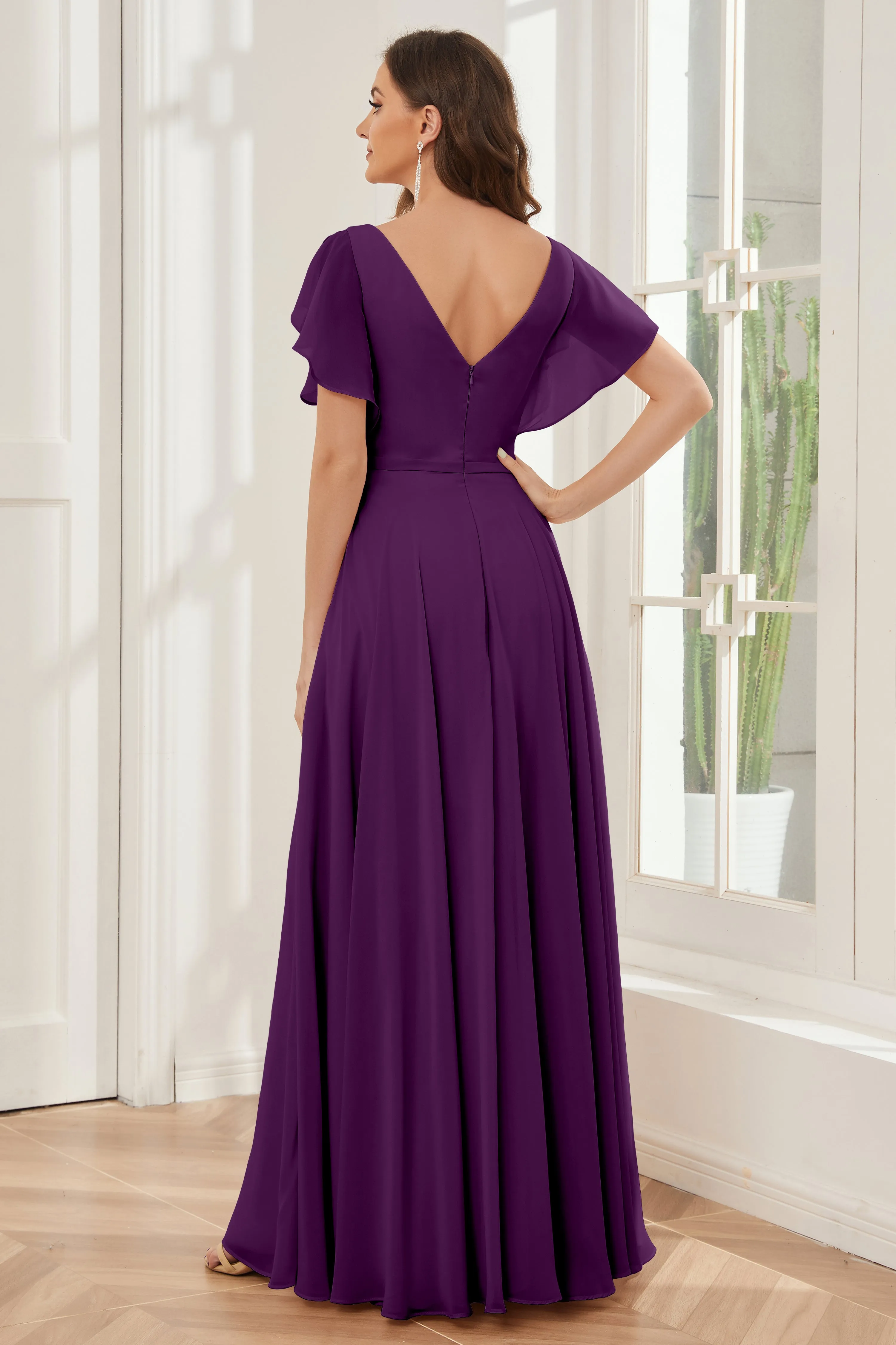 A-line V-neck Ruffle Sleeves Chiffon Bridesmaid Dresses