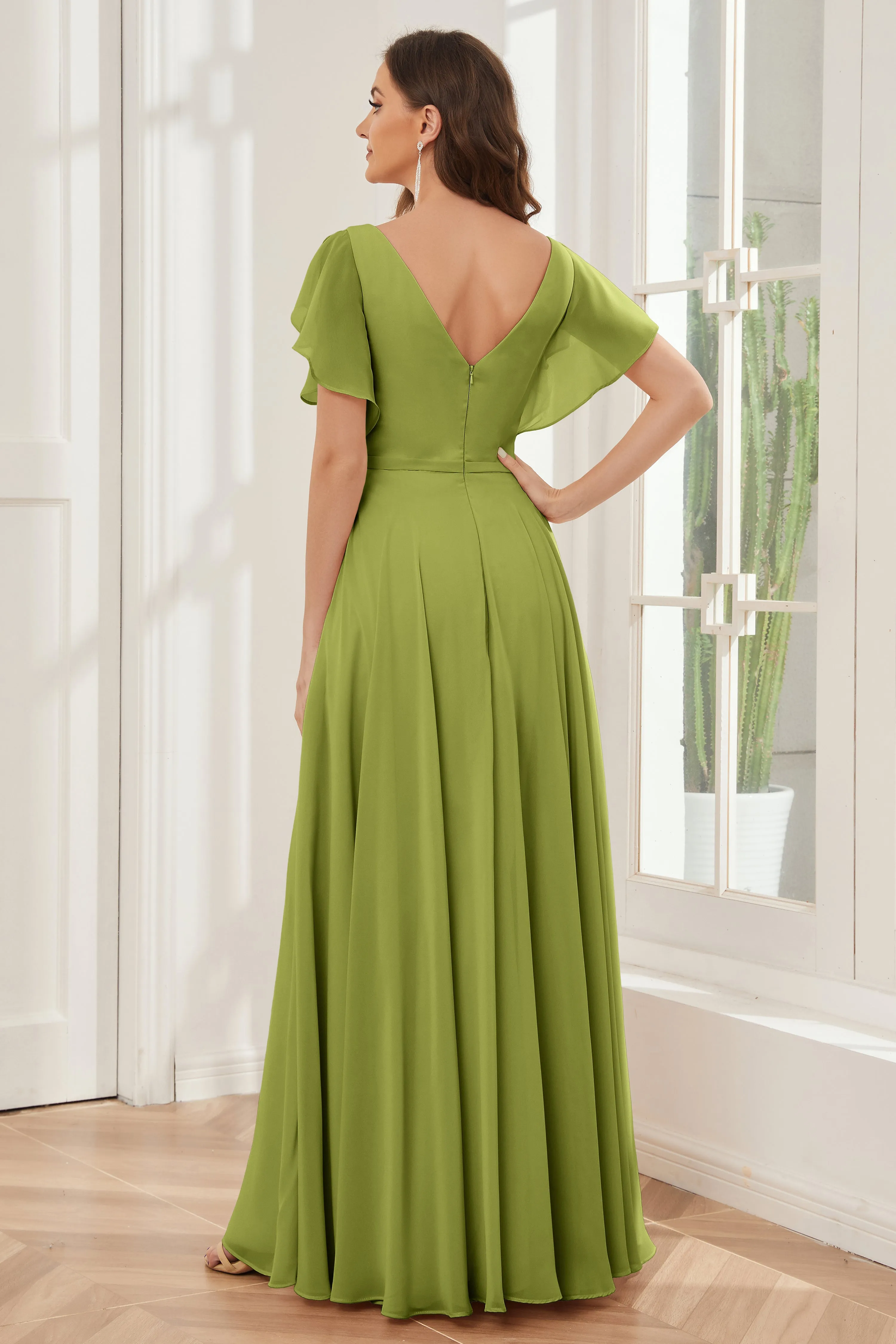 A-line V-neck Ruffle Sleeves Chiffon Bridesmaid Dresses