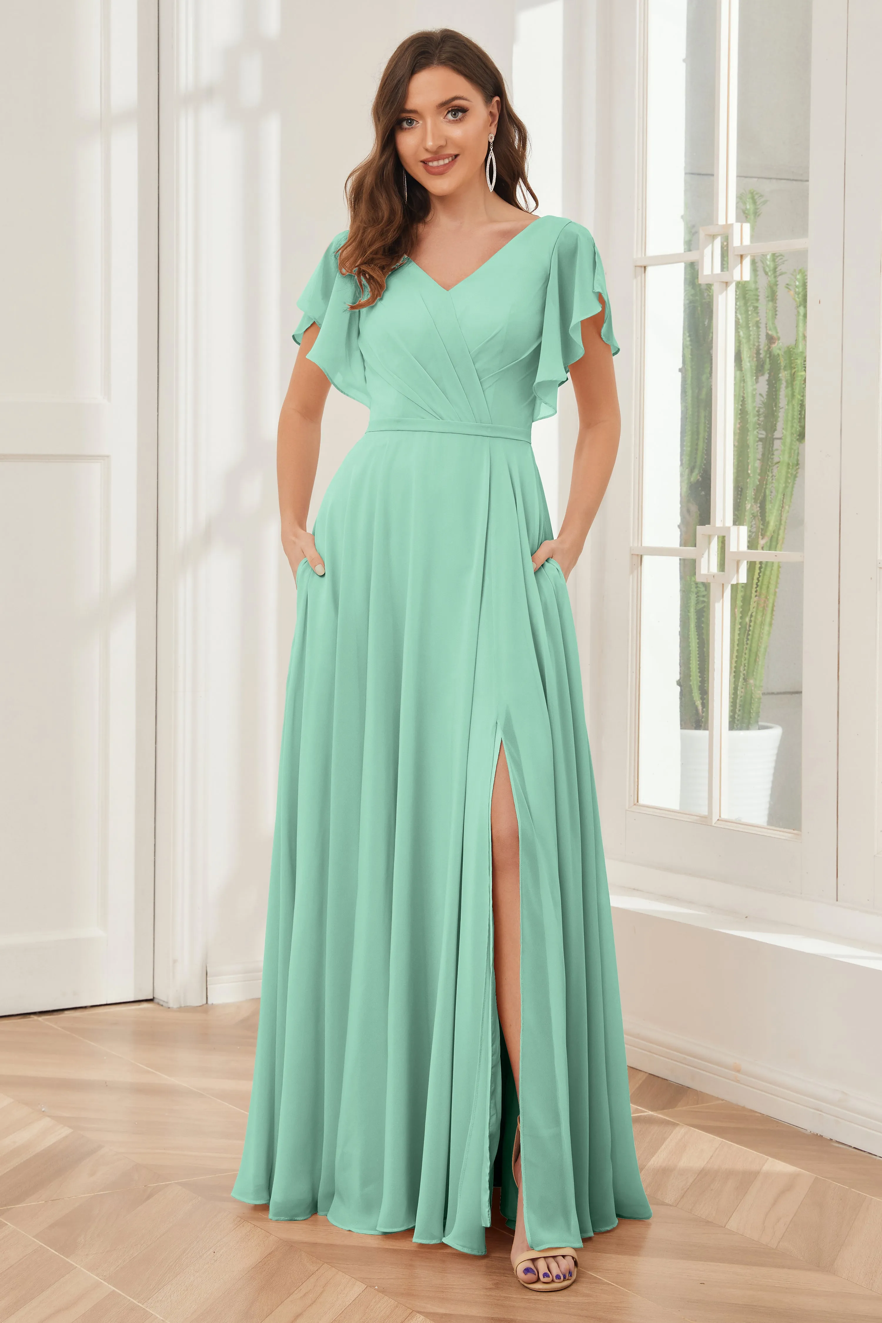 A-line V-neck Ruffle Sleeves Chiffon Bridesmaid Dresses