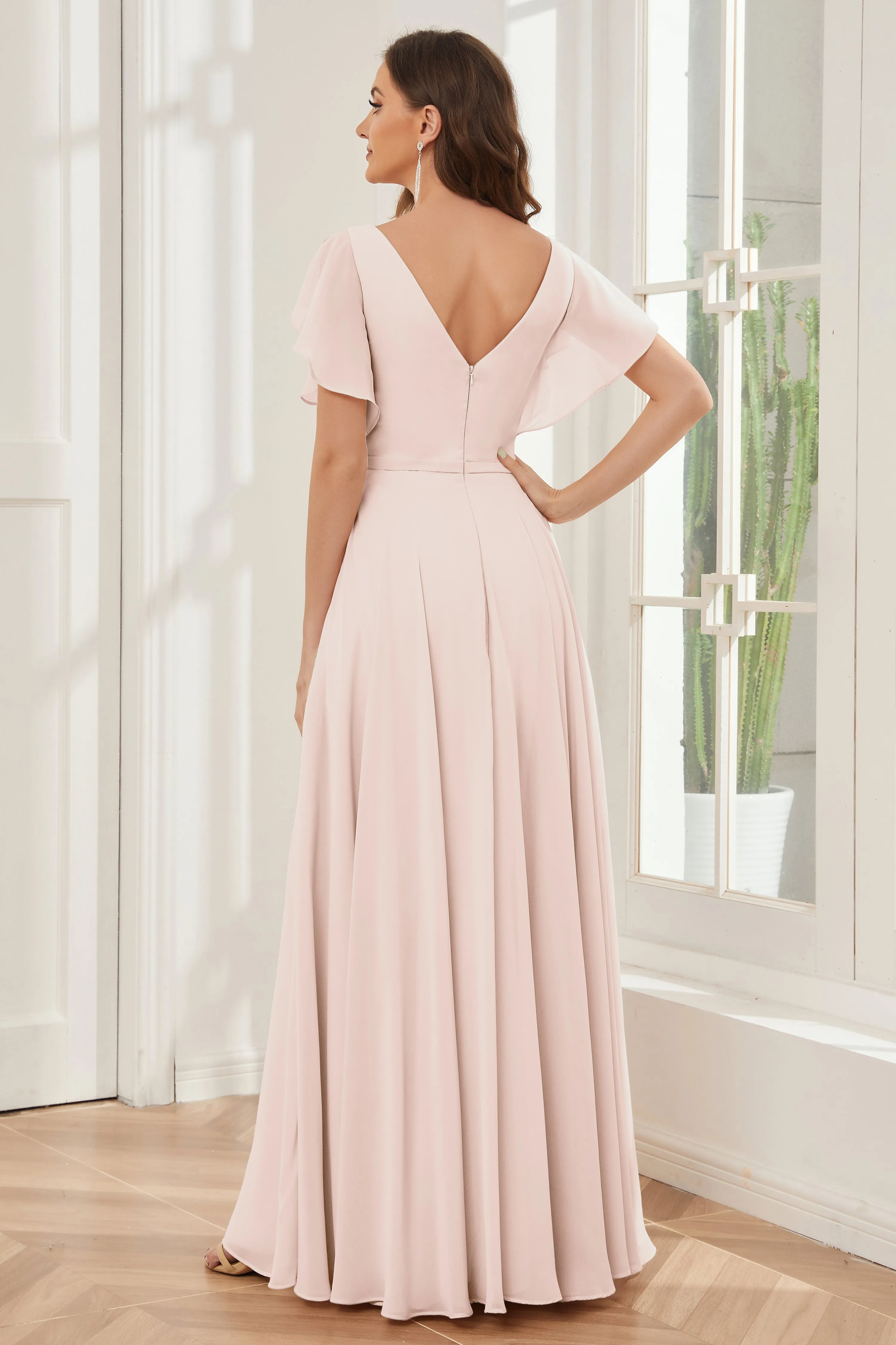 A-line V-neck Ruffle Sleeves Chiffon Bridesmaid Dresses