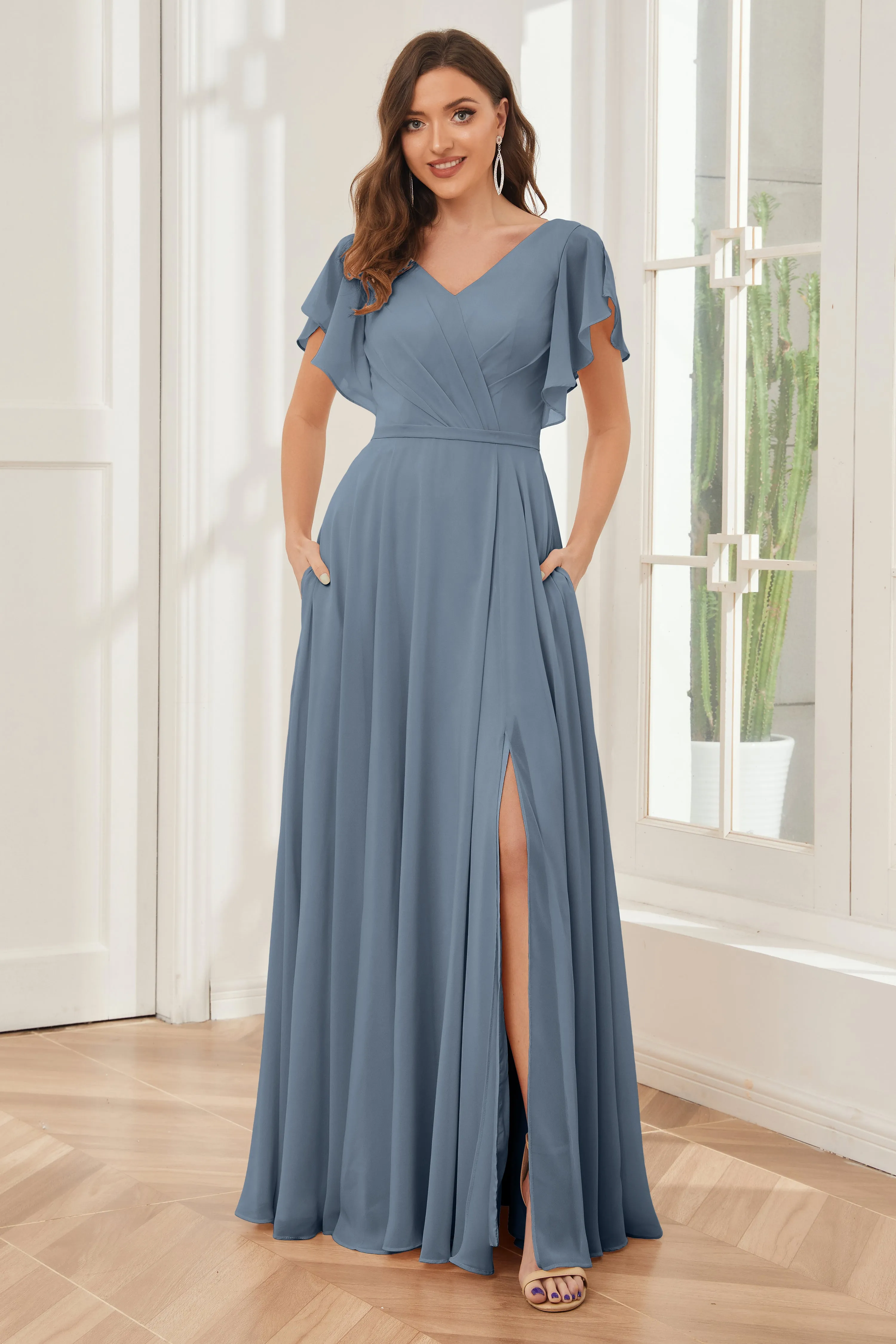 A-line V-neck Ruffle Sleeves Chiffon Bridesmaid Dresses