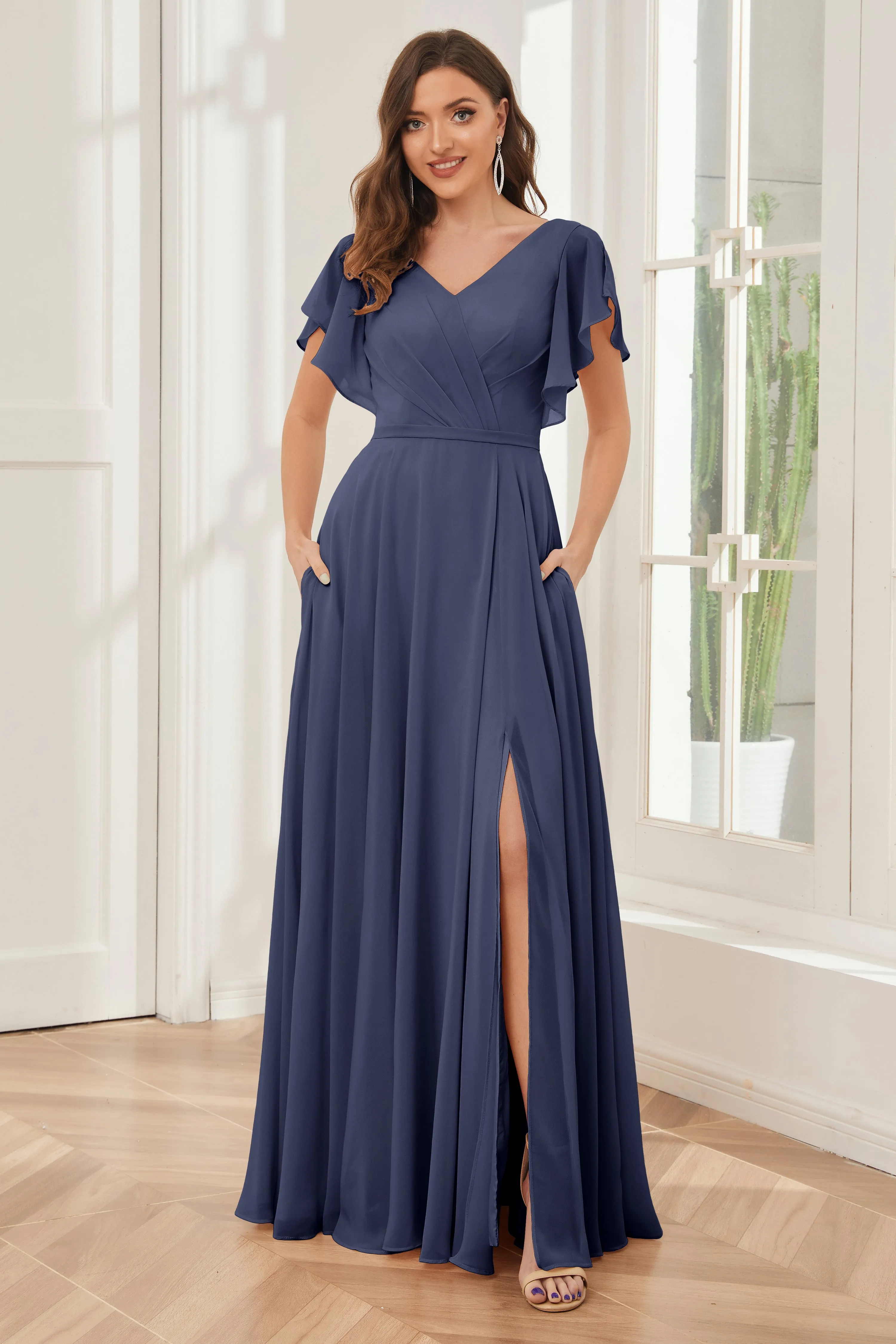 A-line V-neck Ruffle Sleeves Chiffon Bridesmaid Dresses