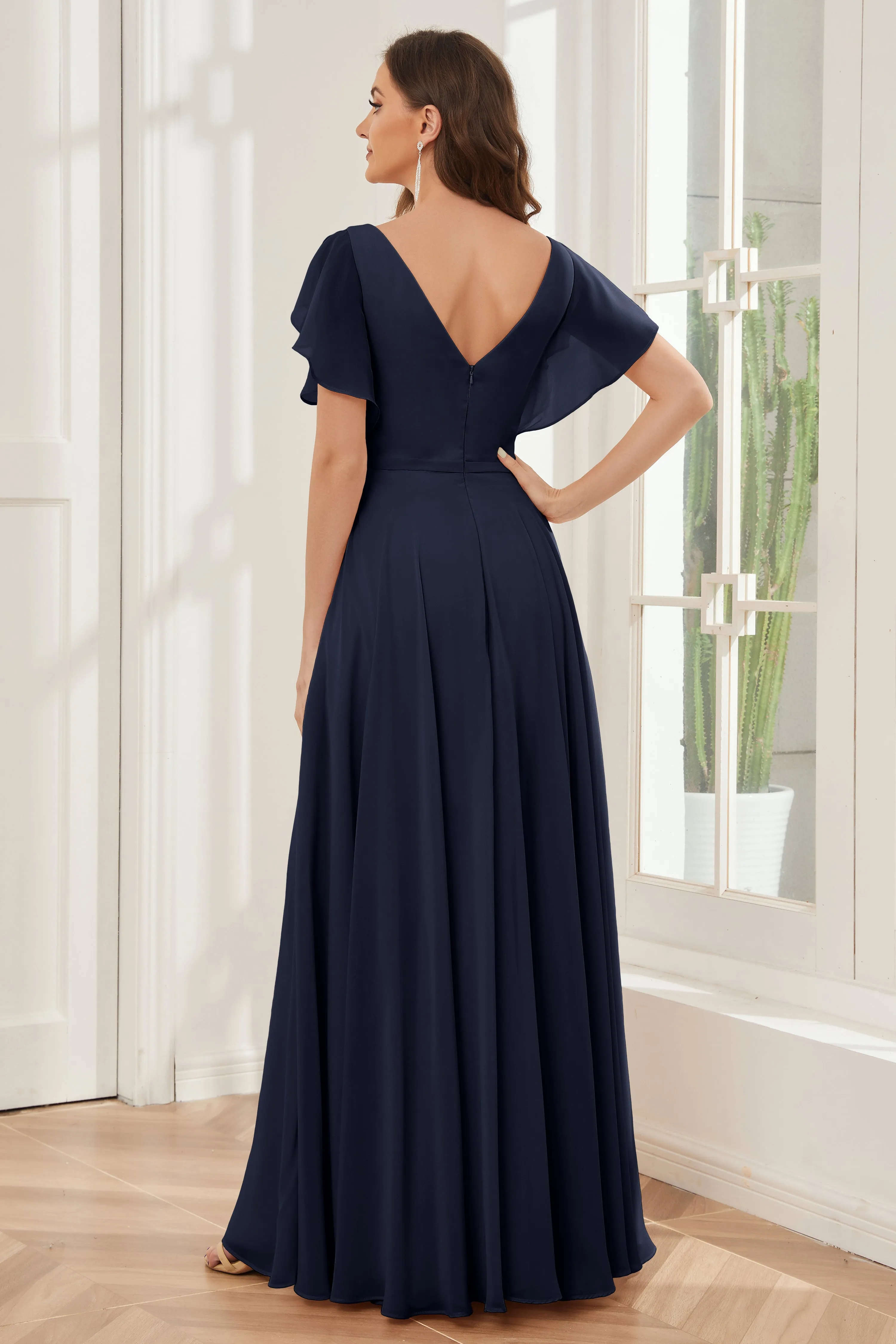 A-line V-neck Ruffle Sleeves Chiffon Bridesmaid Dresses