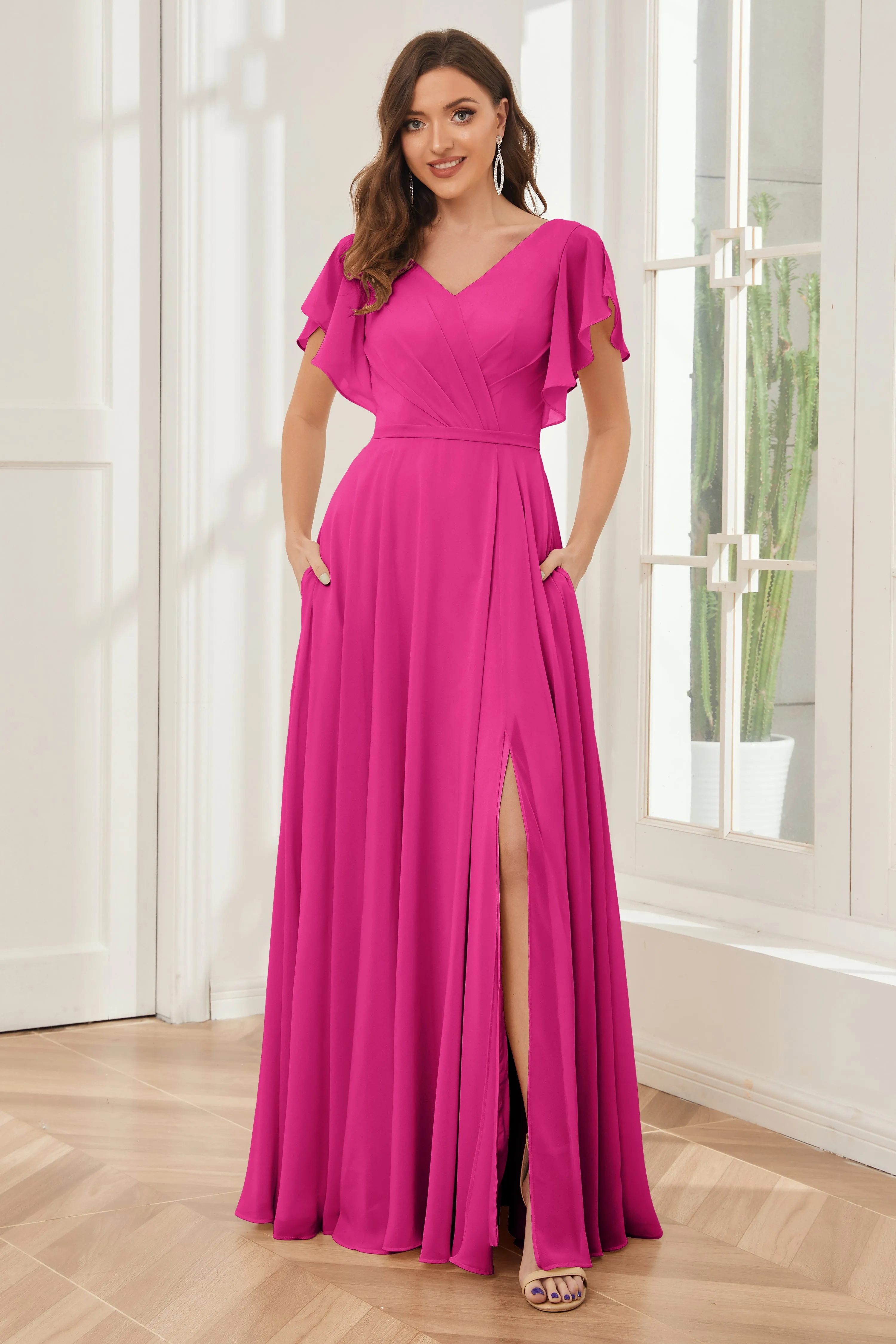 A-line V-neck Ruffle Sleeves Chiffon Bridesmaid Dresses