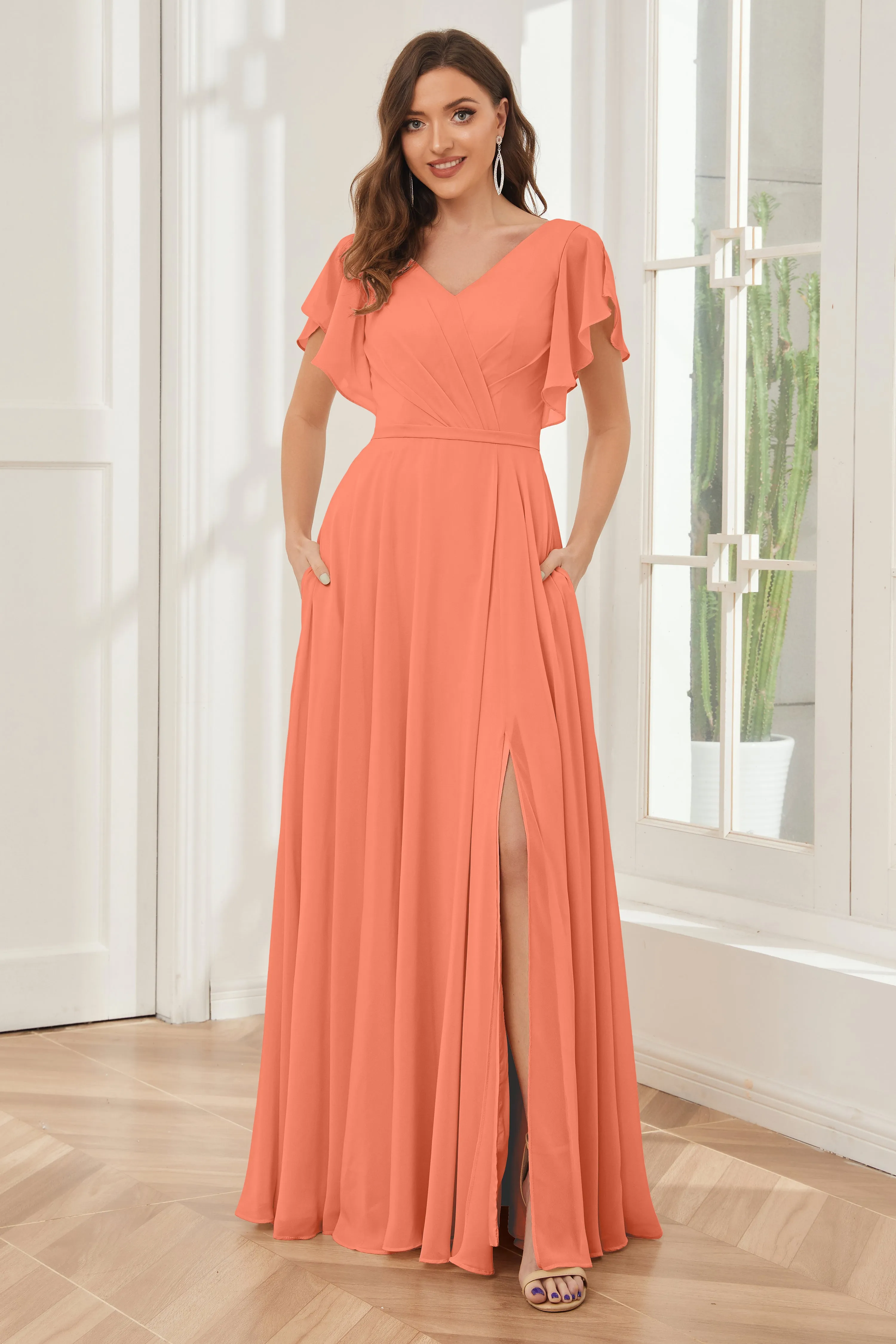 A-line V-neck Ruffle Sleeves Chiffon Bridesmaid Dresses