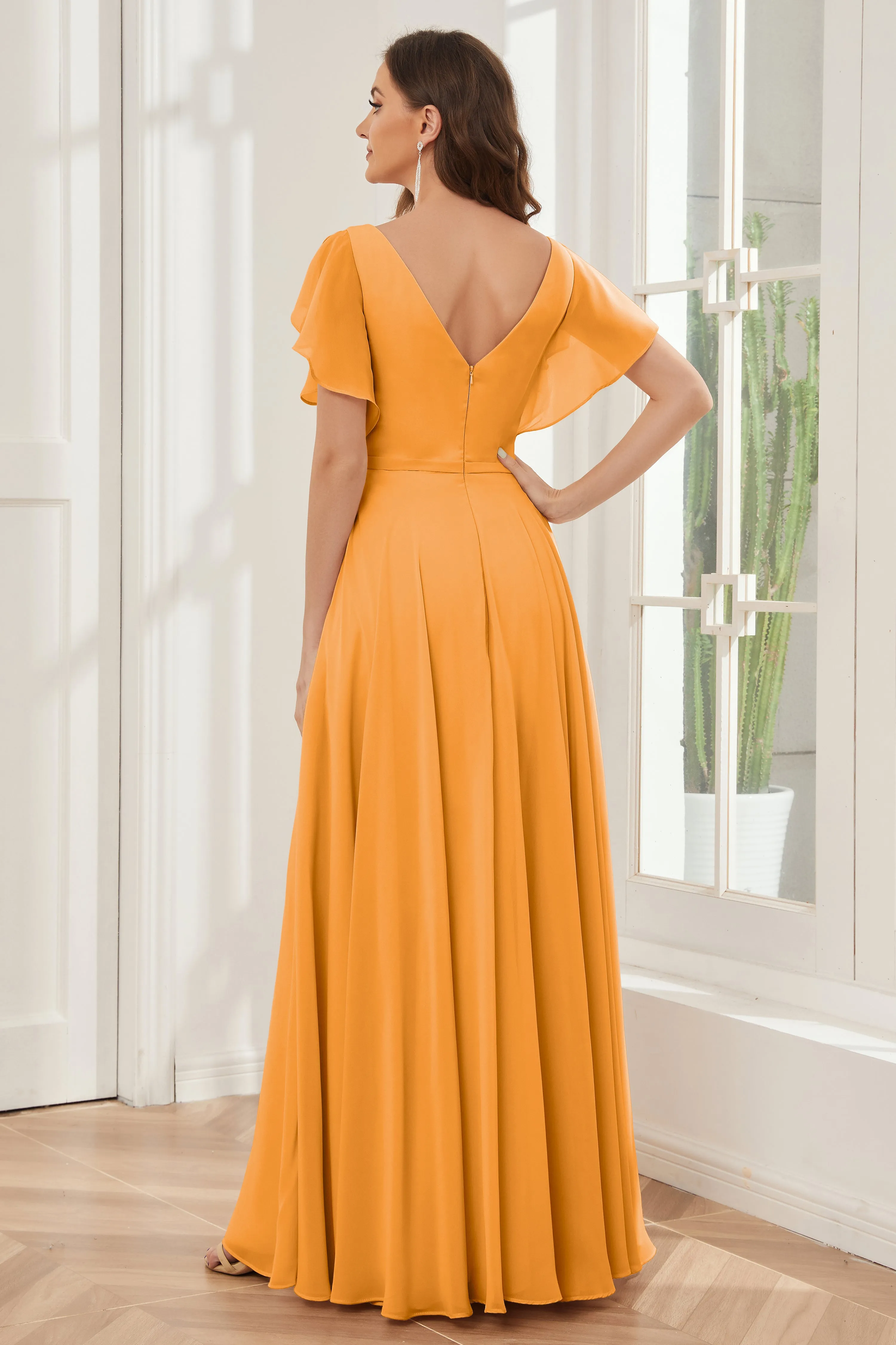 A-line V-neck Ruffle Sleeves Chiffon Bridesmaid Dresses